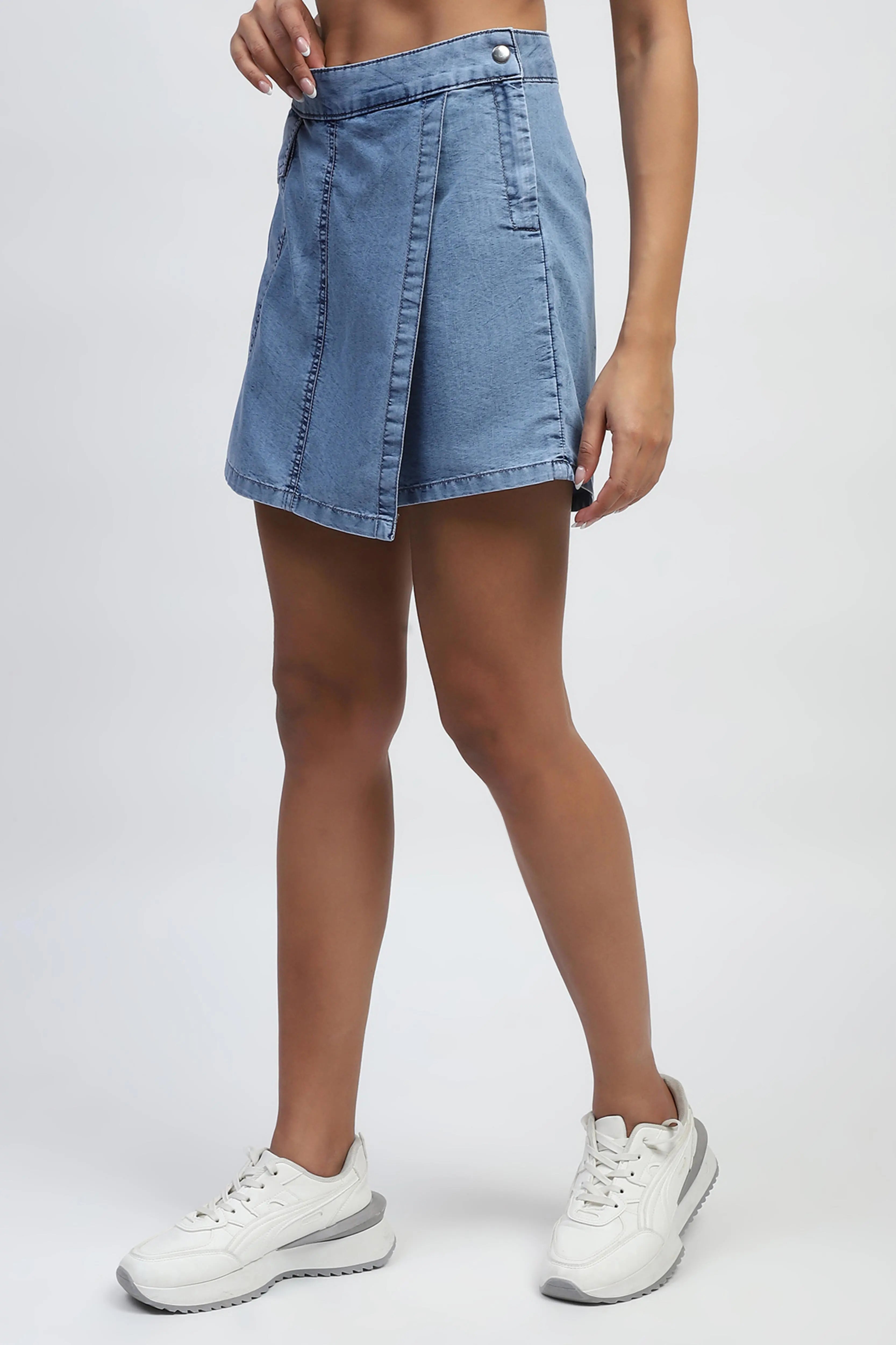 Light Blue Solid Cotton Blend Skorts - Global Republic