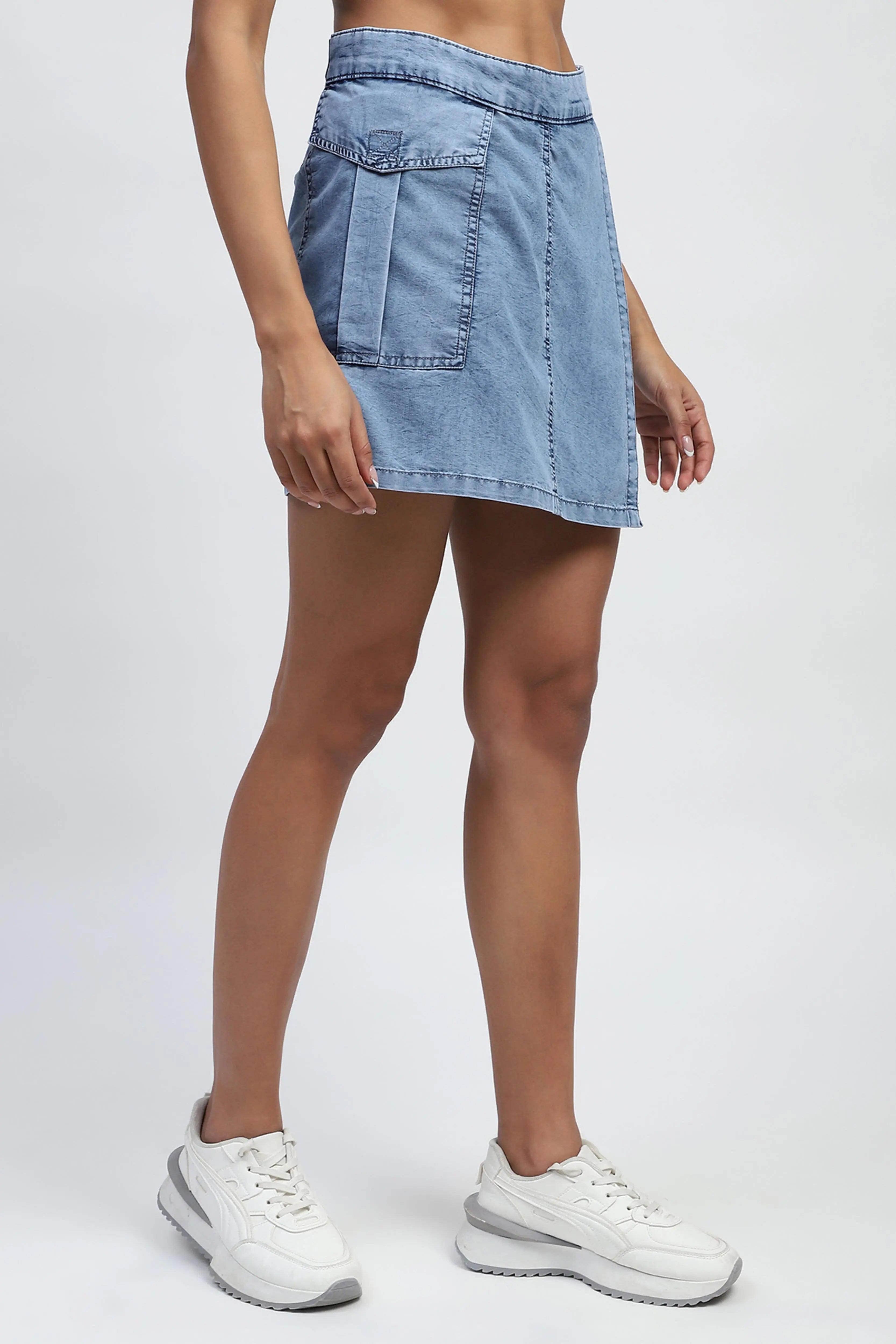 Light Blue Solid Cotton Blend Skorts - Global Republic