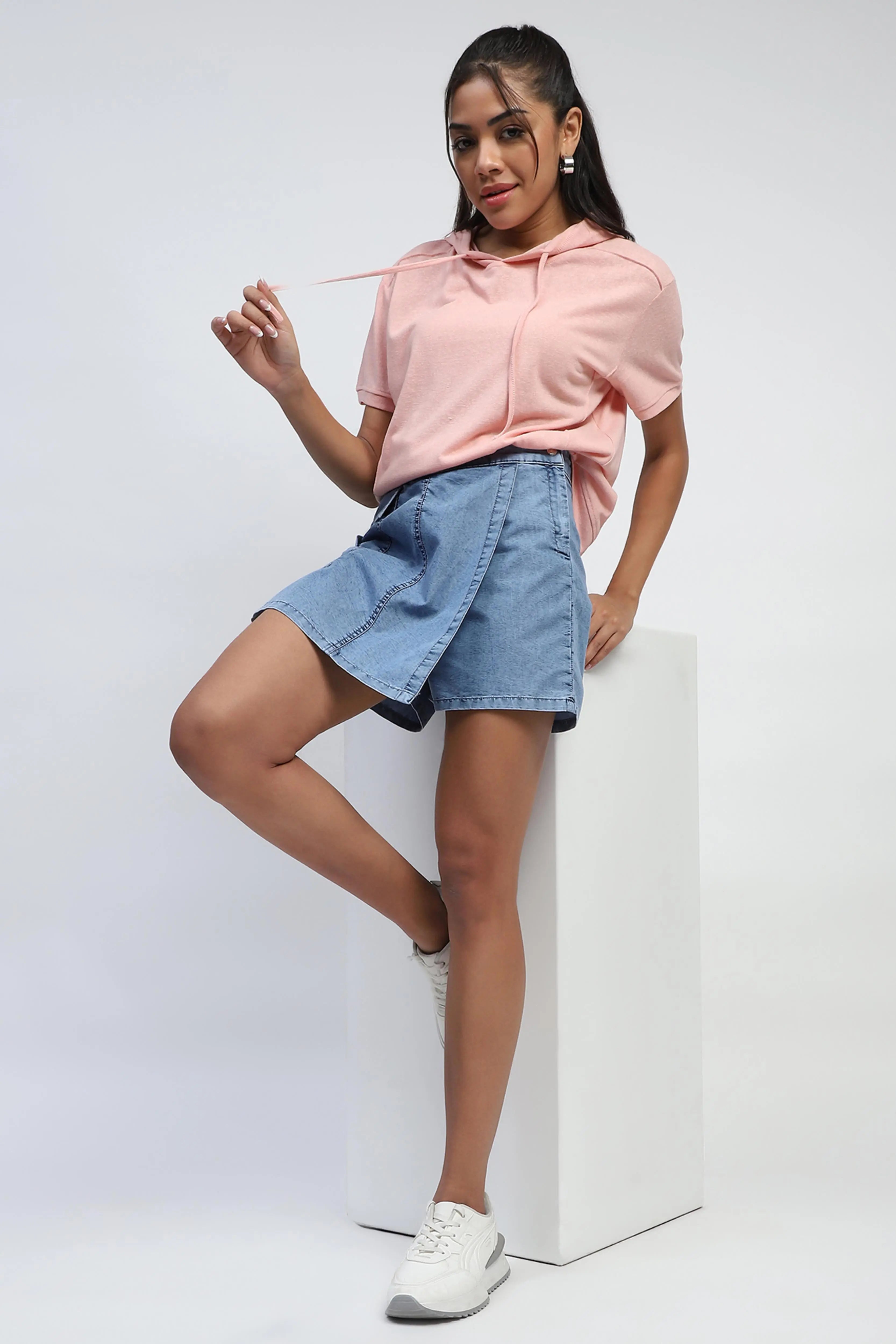 Light Blue Solid Cotton Blend Skorts - Global Republic