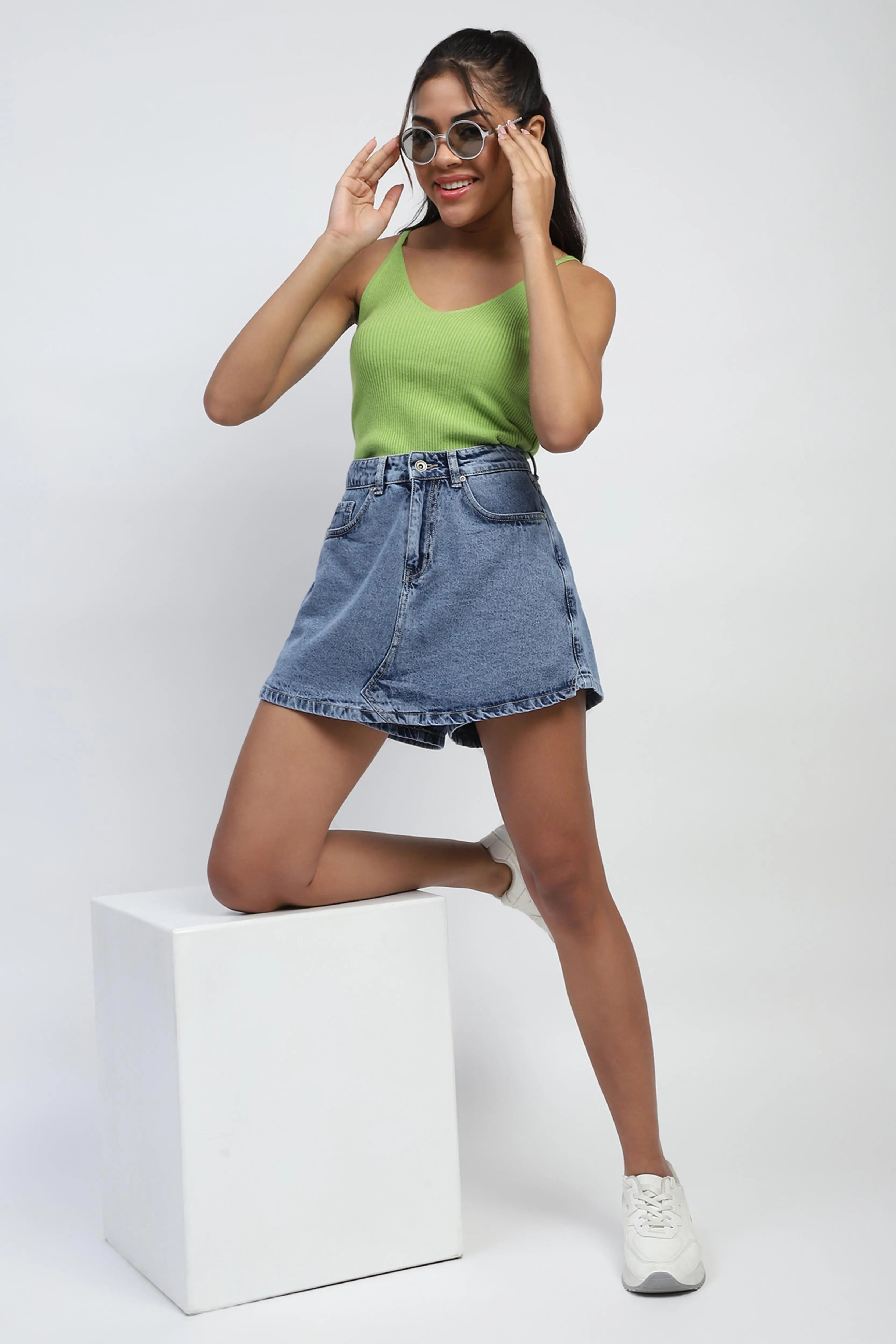 Blue Solid Cotton Blend Skorts - Global Republic