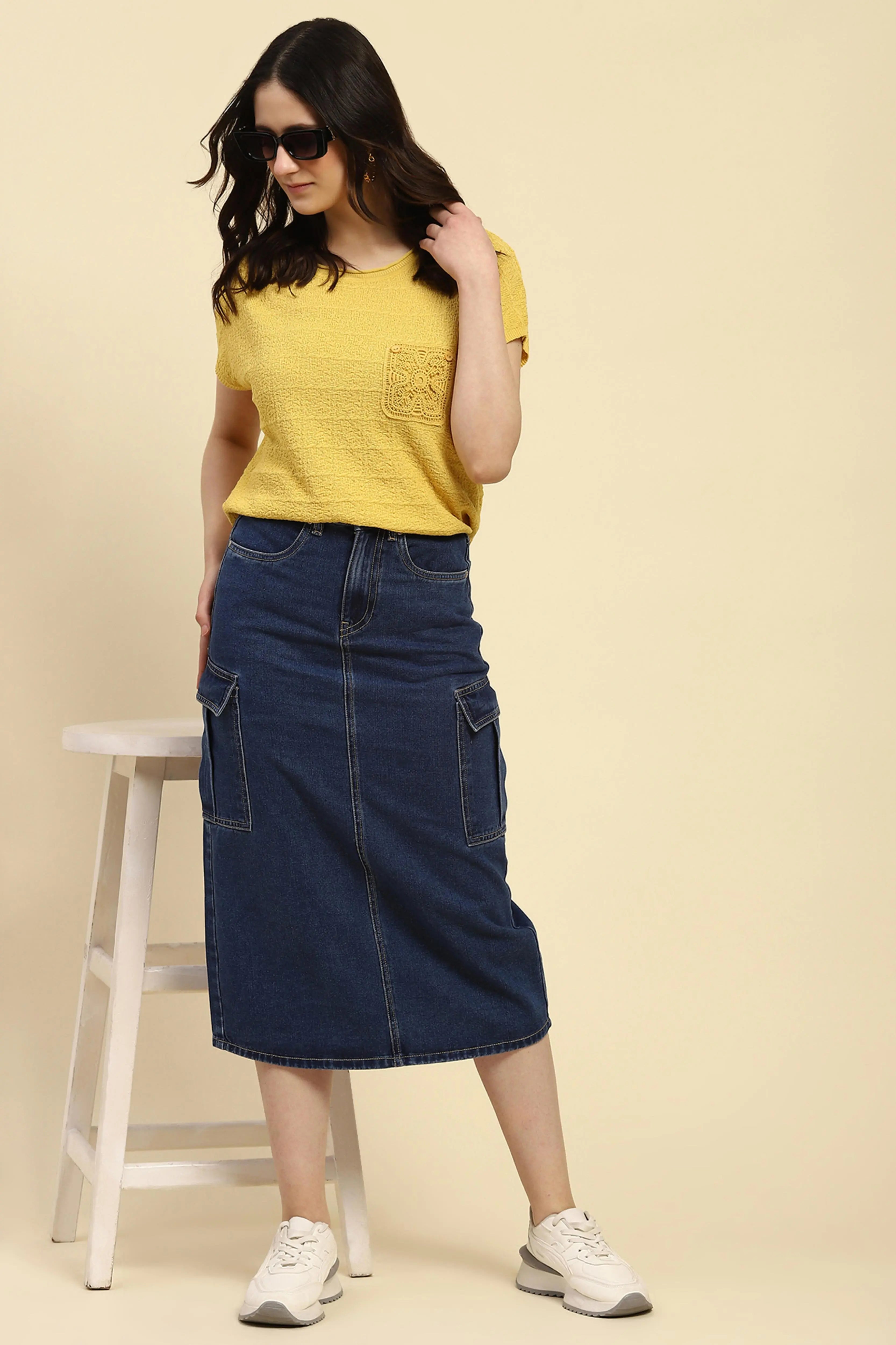 Blue Solid Cotton Blend Slim Fit Skirt - Global Republic