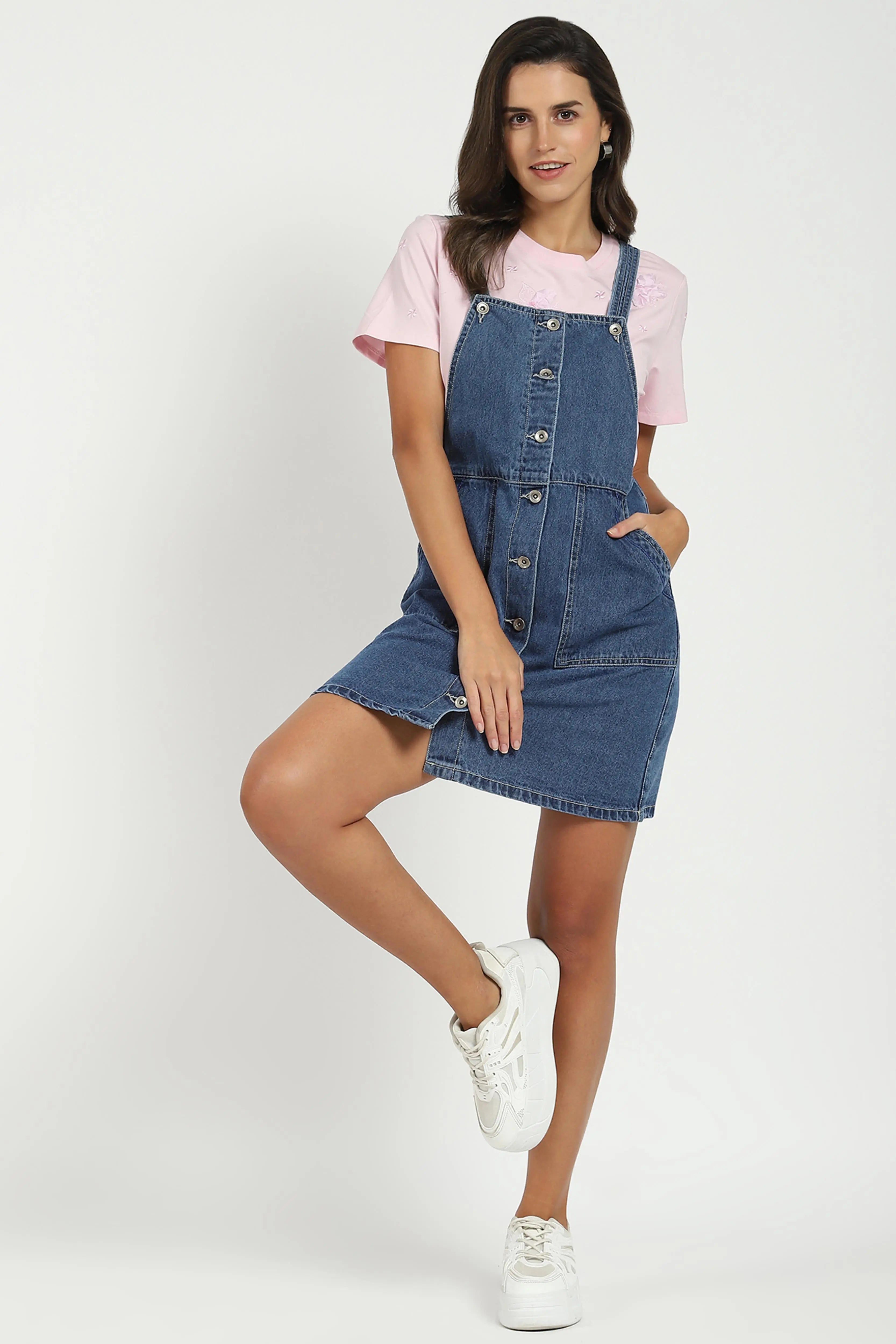 Blue Solid Cotton Blend Dungaree - Global Republic