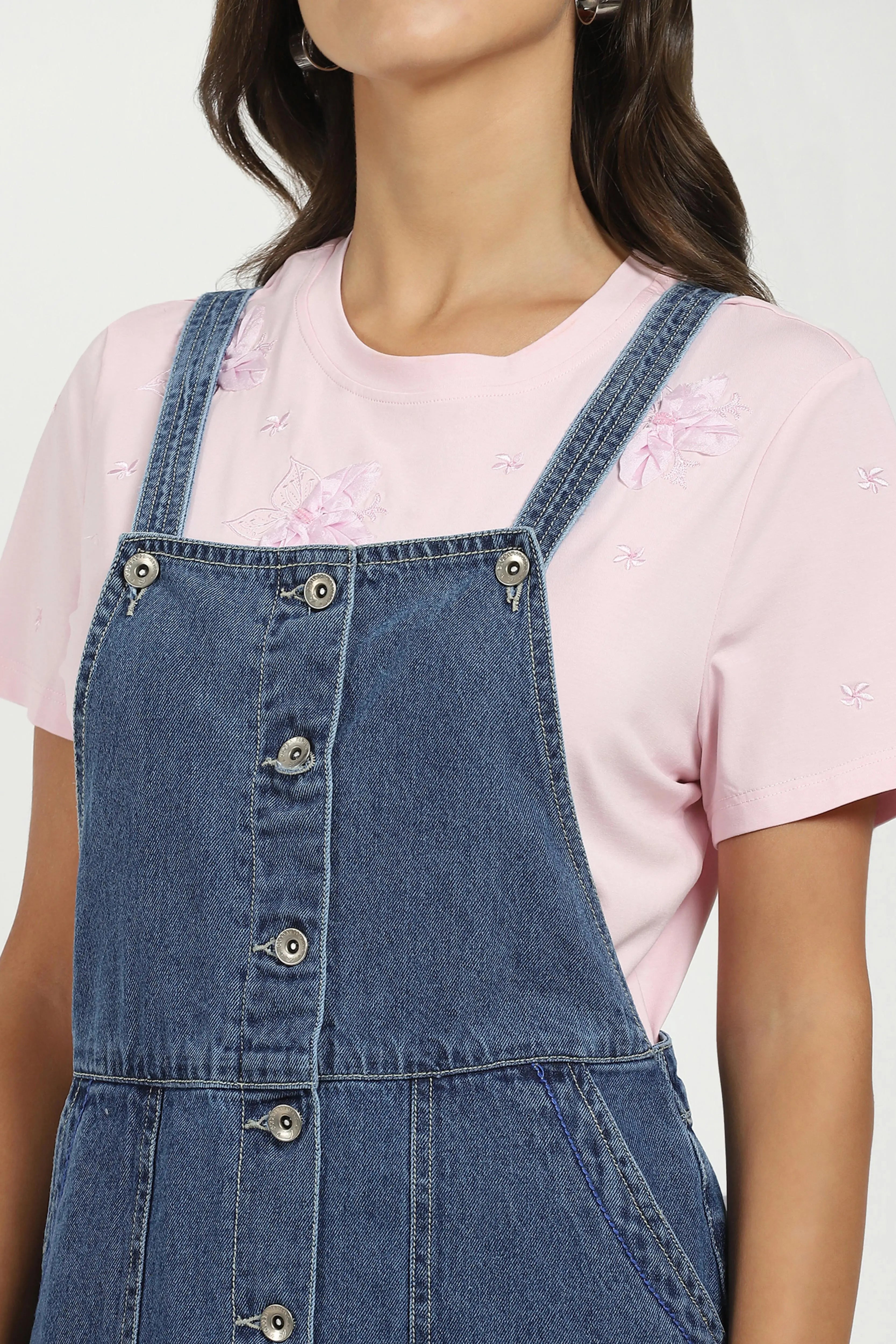 Blue Solid Cotton Blend Dungaree - Global Republic