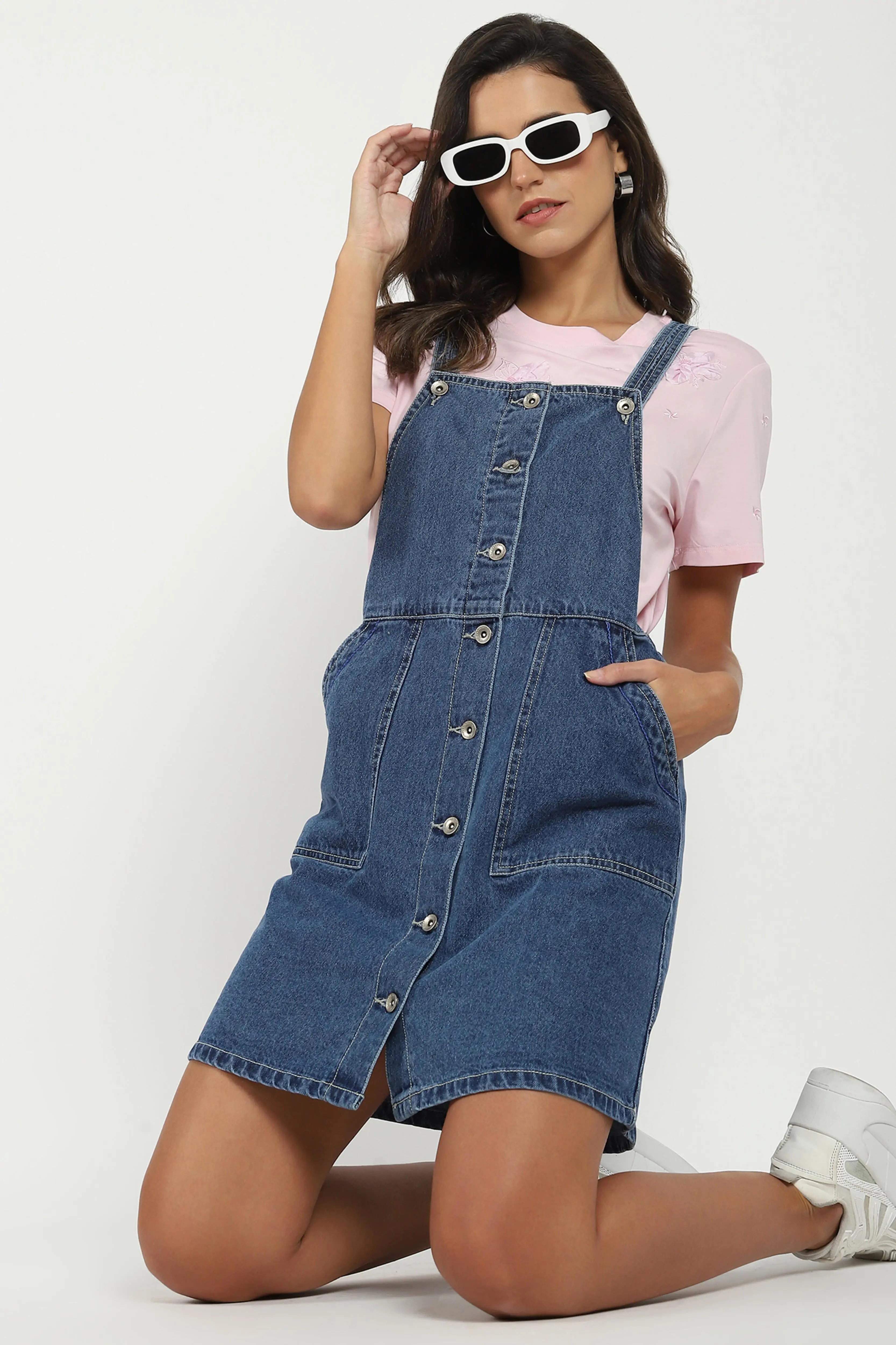 Blue Solid Cotton Blend Dungaree - Global Republic