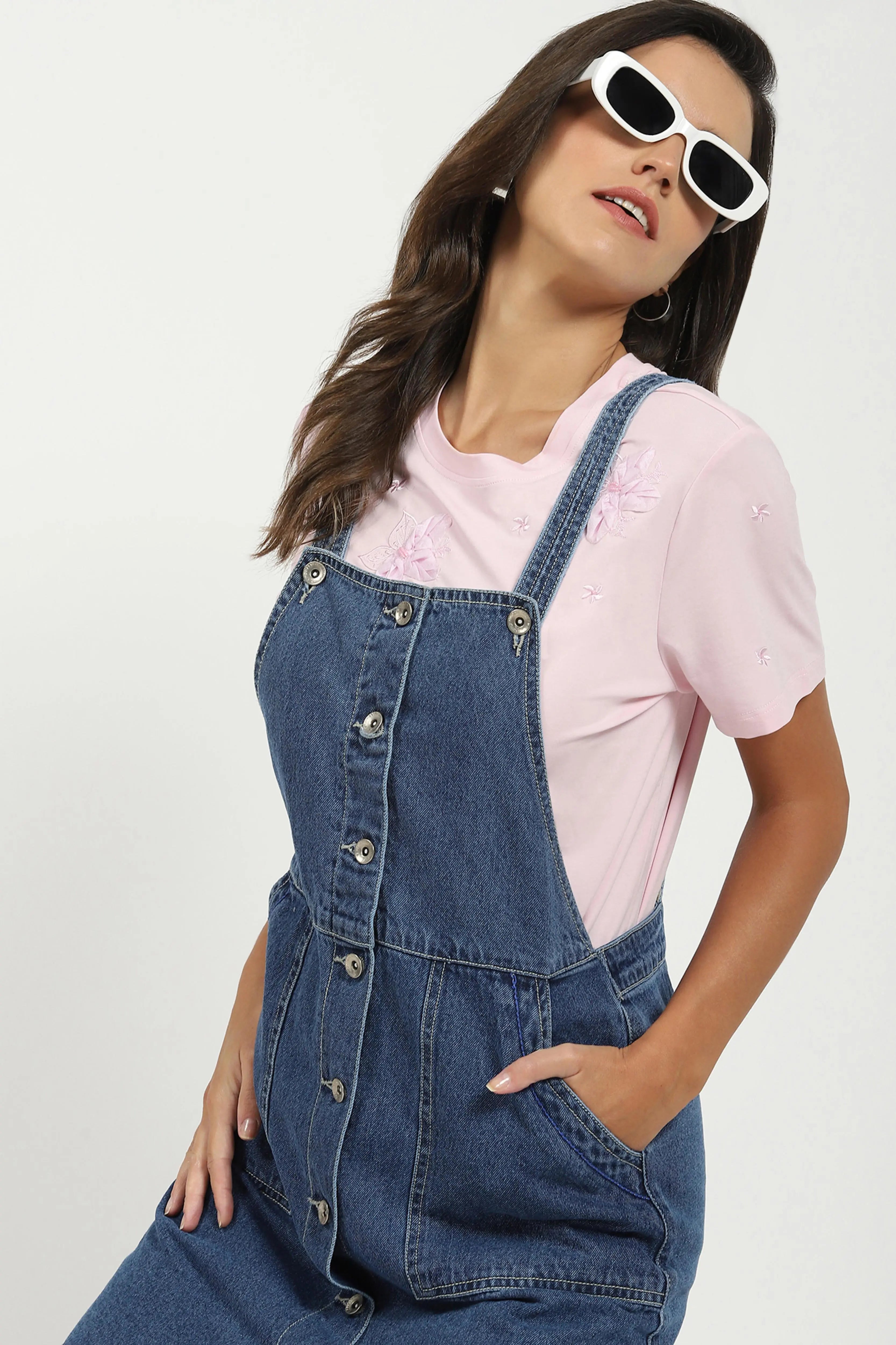 Blue Solid Cotton Blend Dungaree - Global Republic