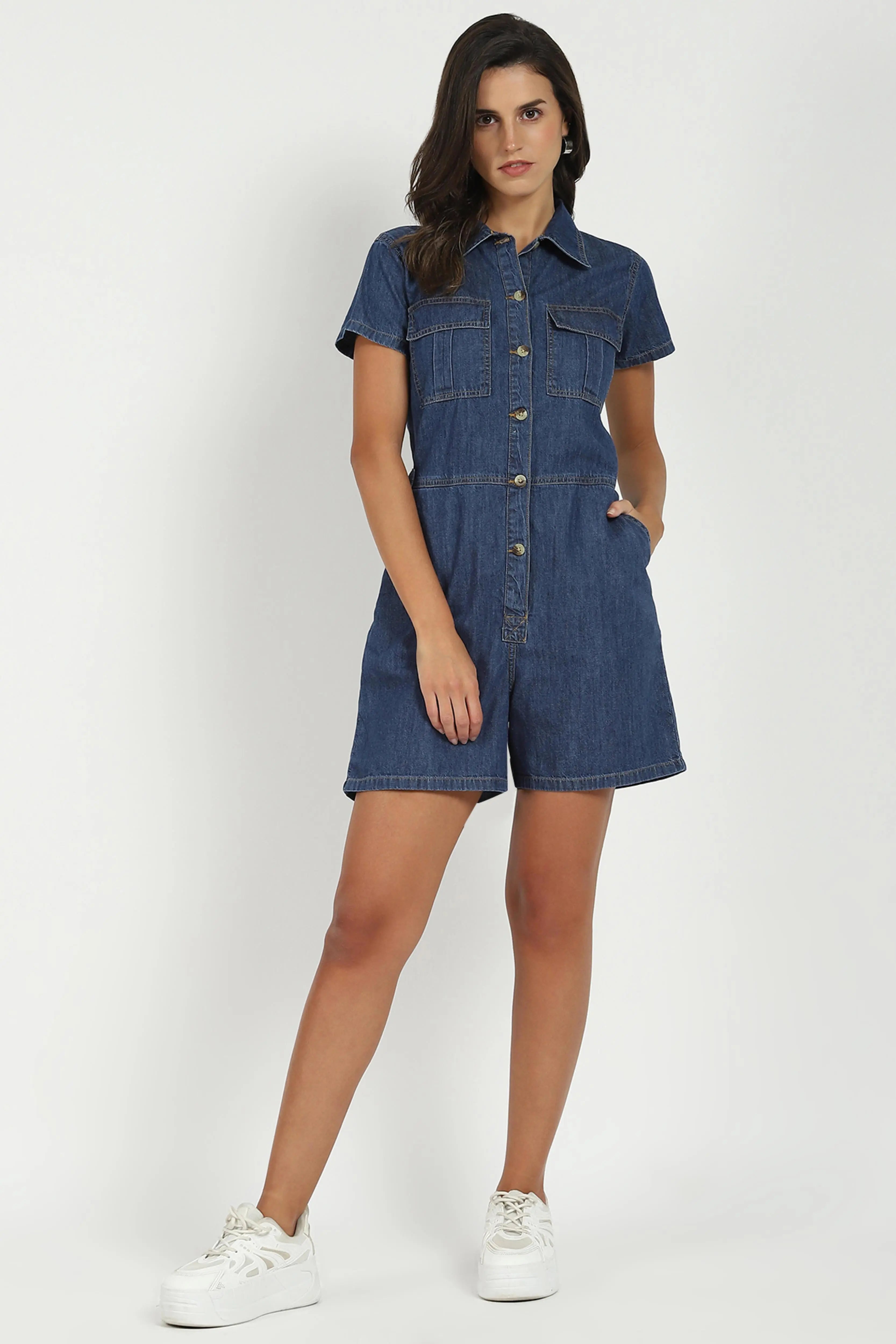 Dark Blue Cotton Blend Jumpsuit - Global Republic