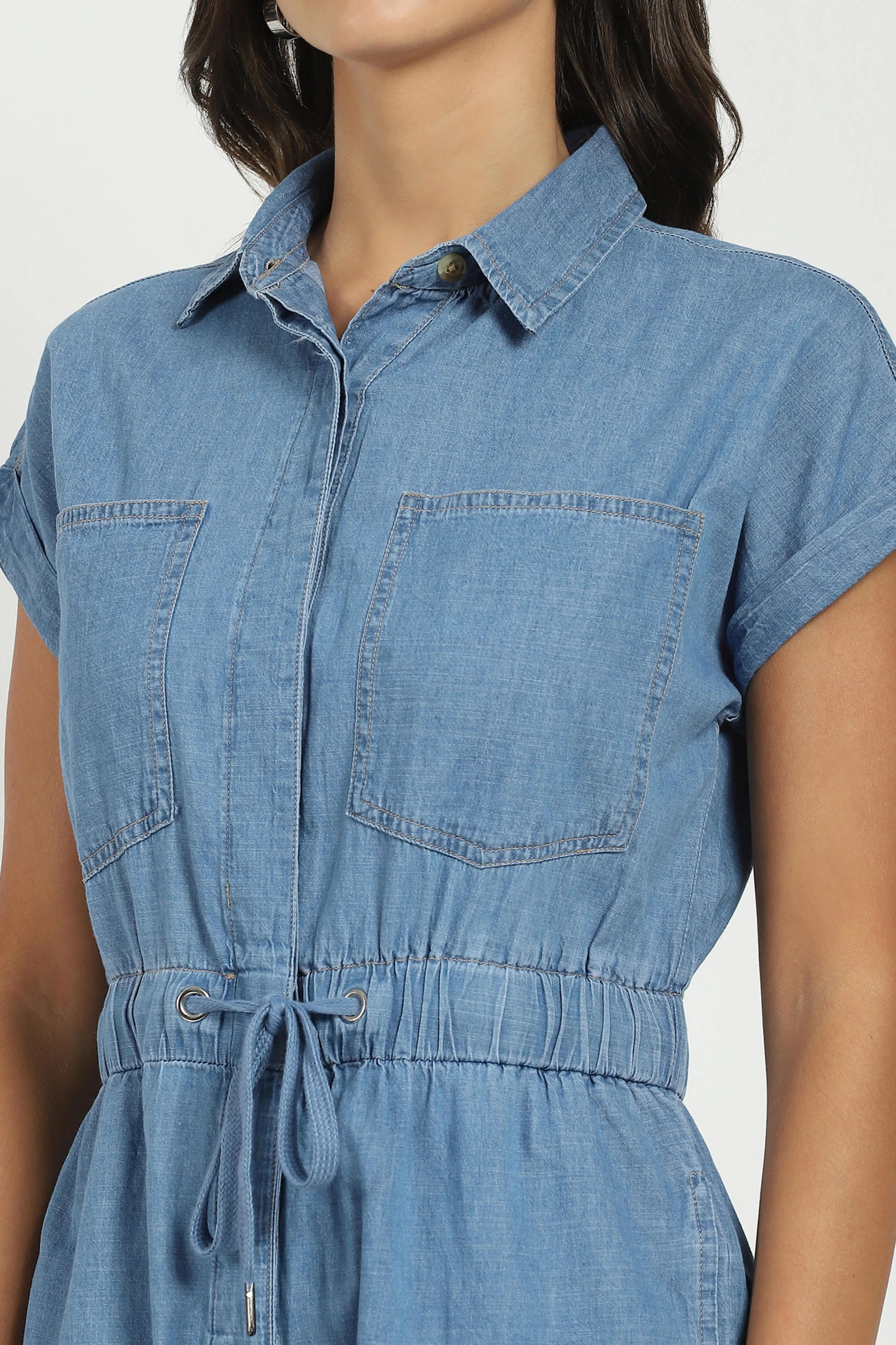 Blue Solid Cotton Jumpsuit - Global Republic