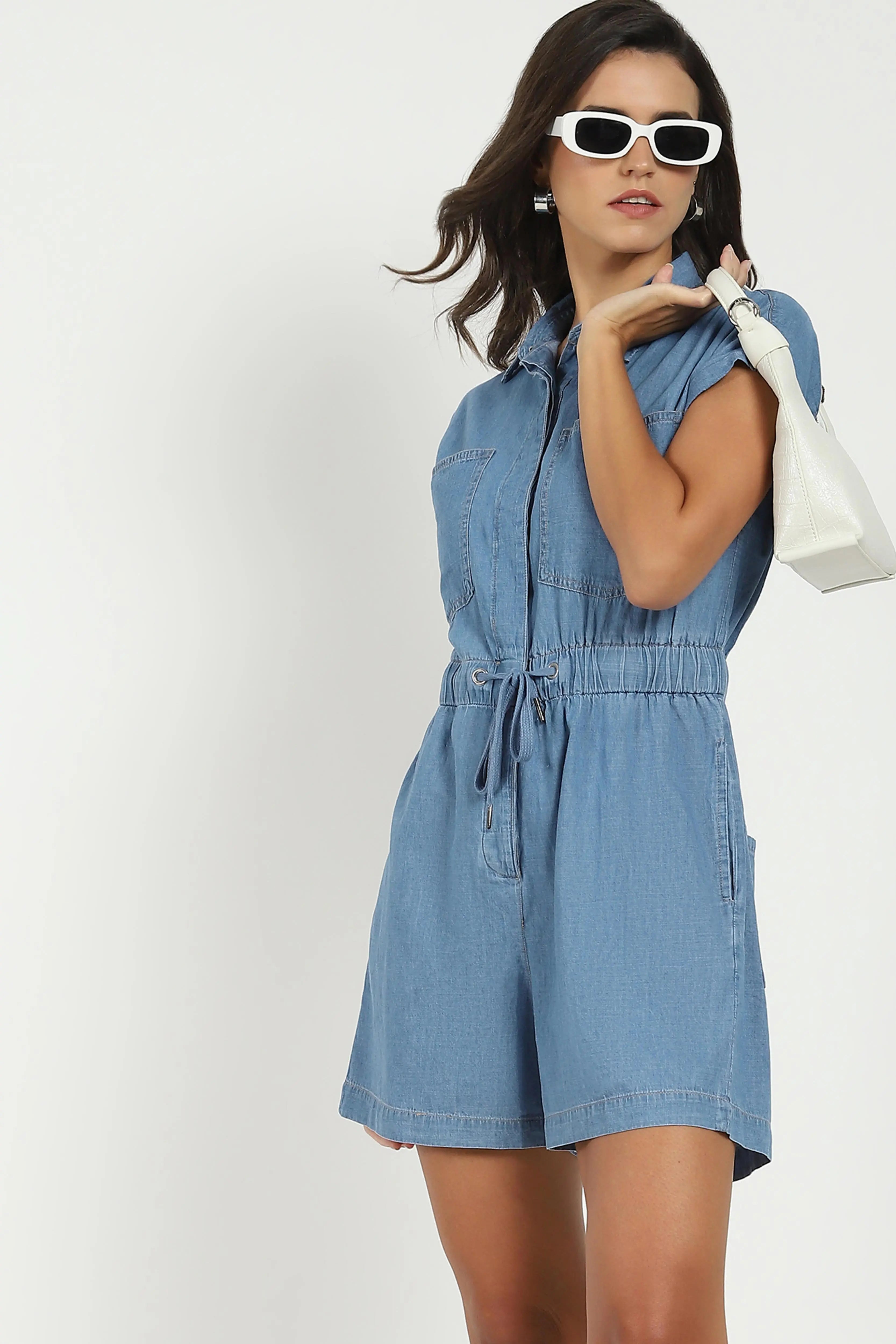 Blue Solid Cotton Jumpsuit - Global Republic
