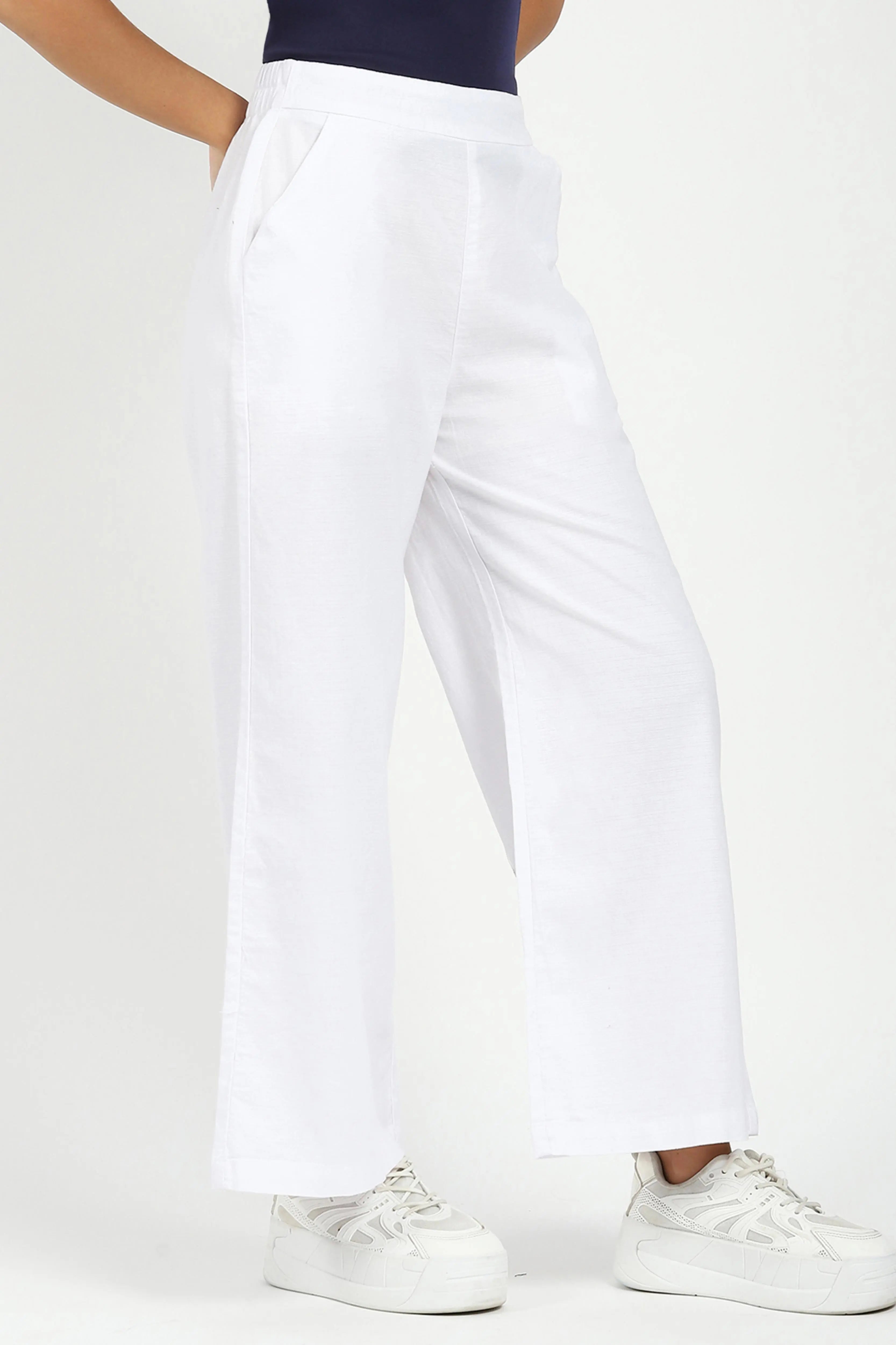 White Solid Cotton Blend Trousers - Global Republic
