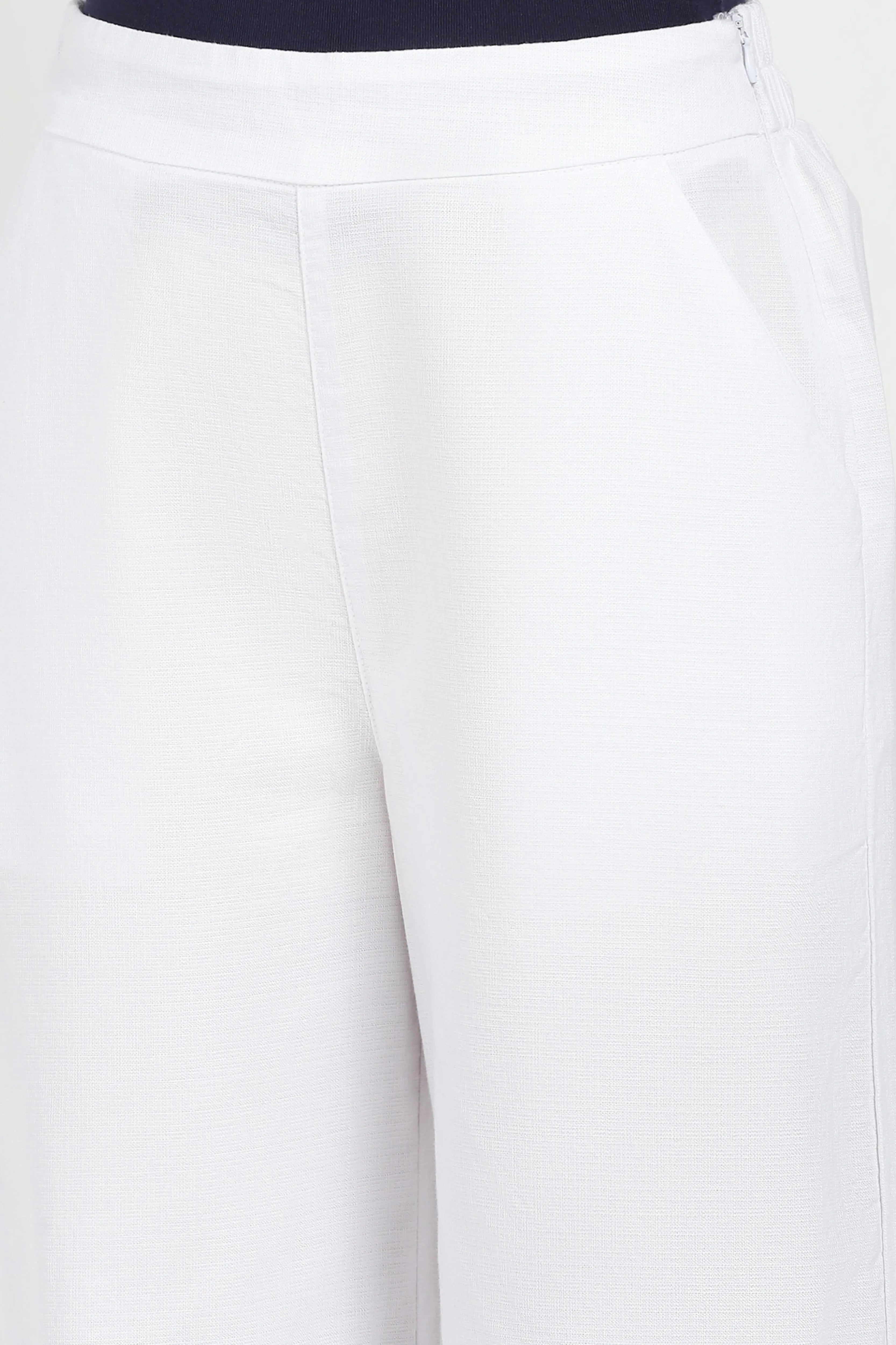 White Solid Cotton Blend Trousers - Global Republic