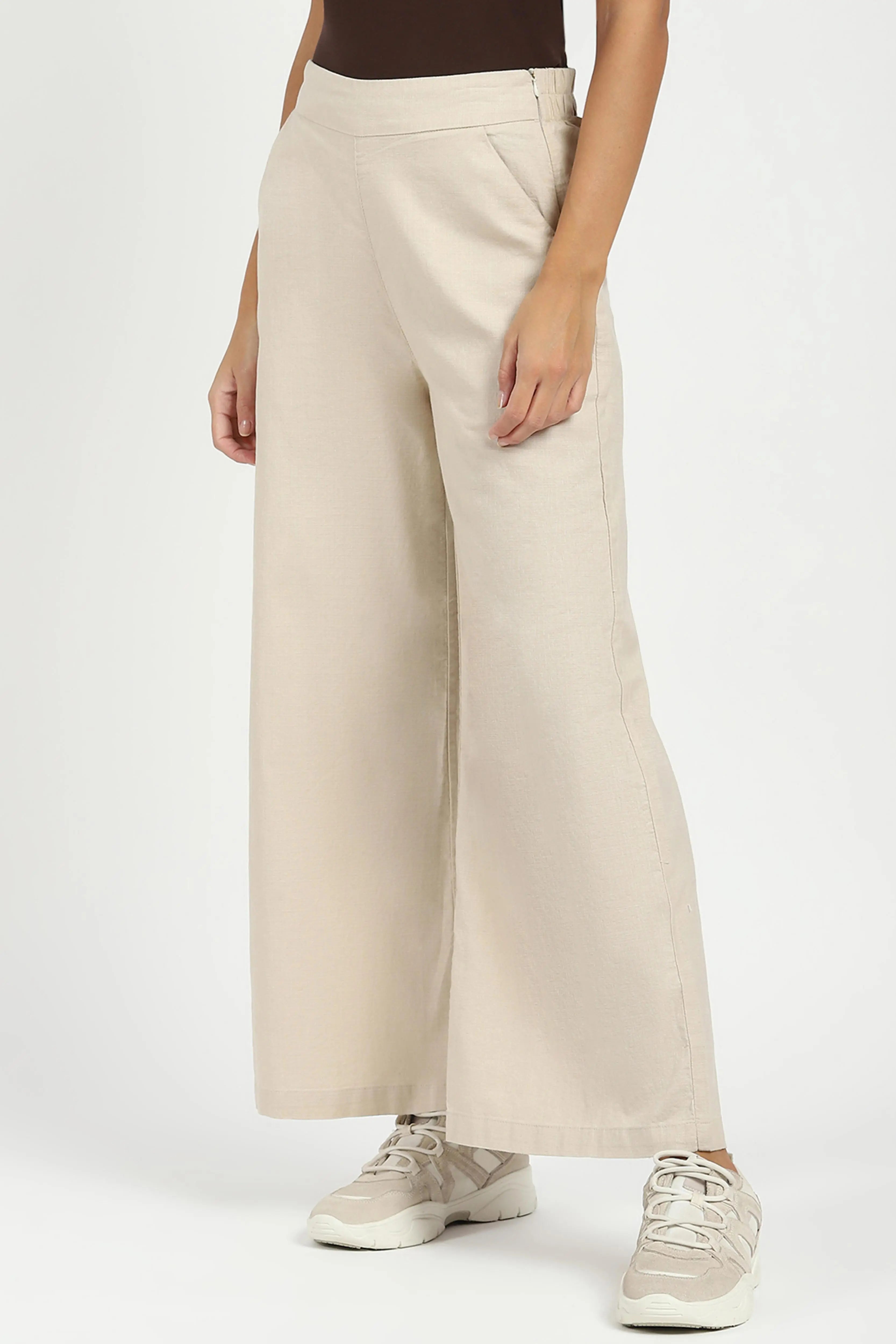 Beige Solid Cotton Blend Trousers - Global Republic