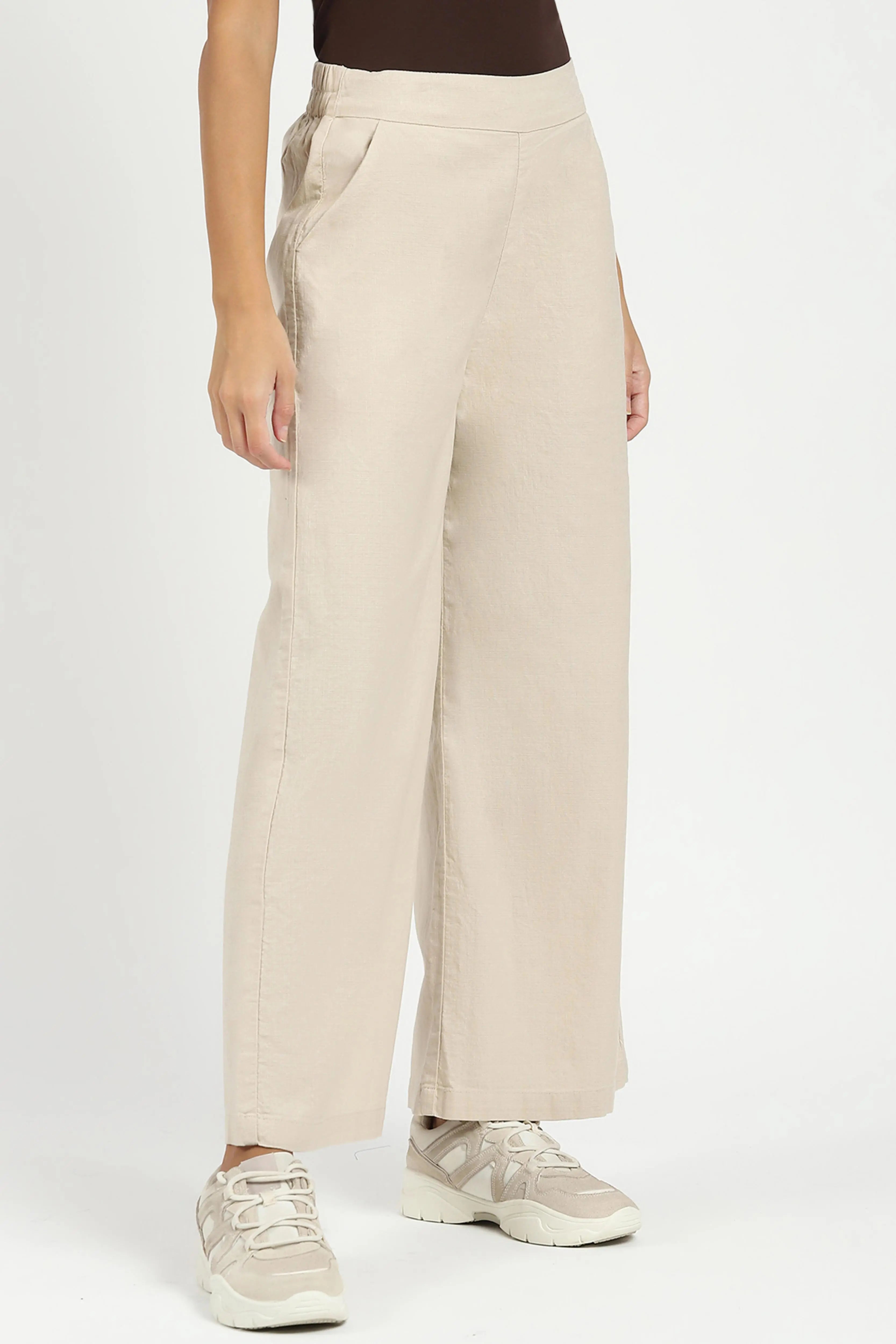 Beige Solid Cotton Blend Trousers - Global Republic