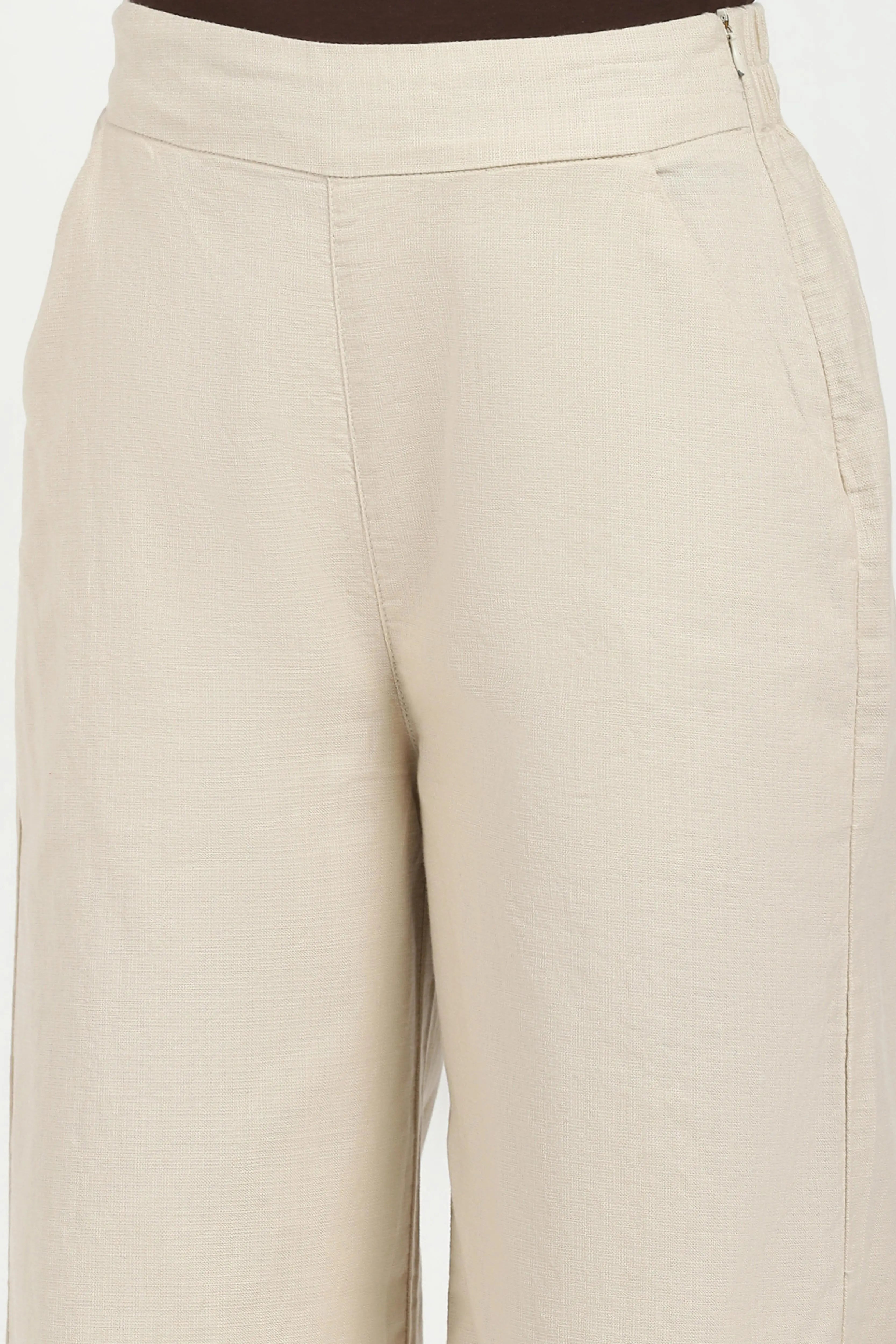 Beige Solid Cotton Blend Trousers - Global Republic
