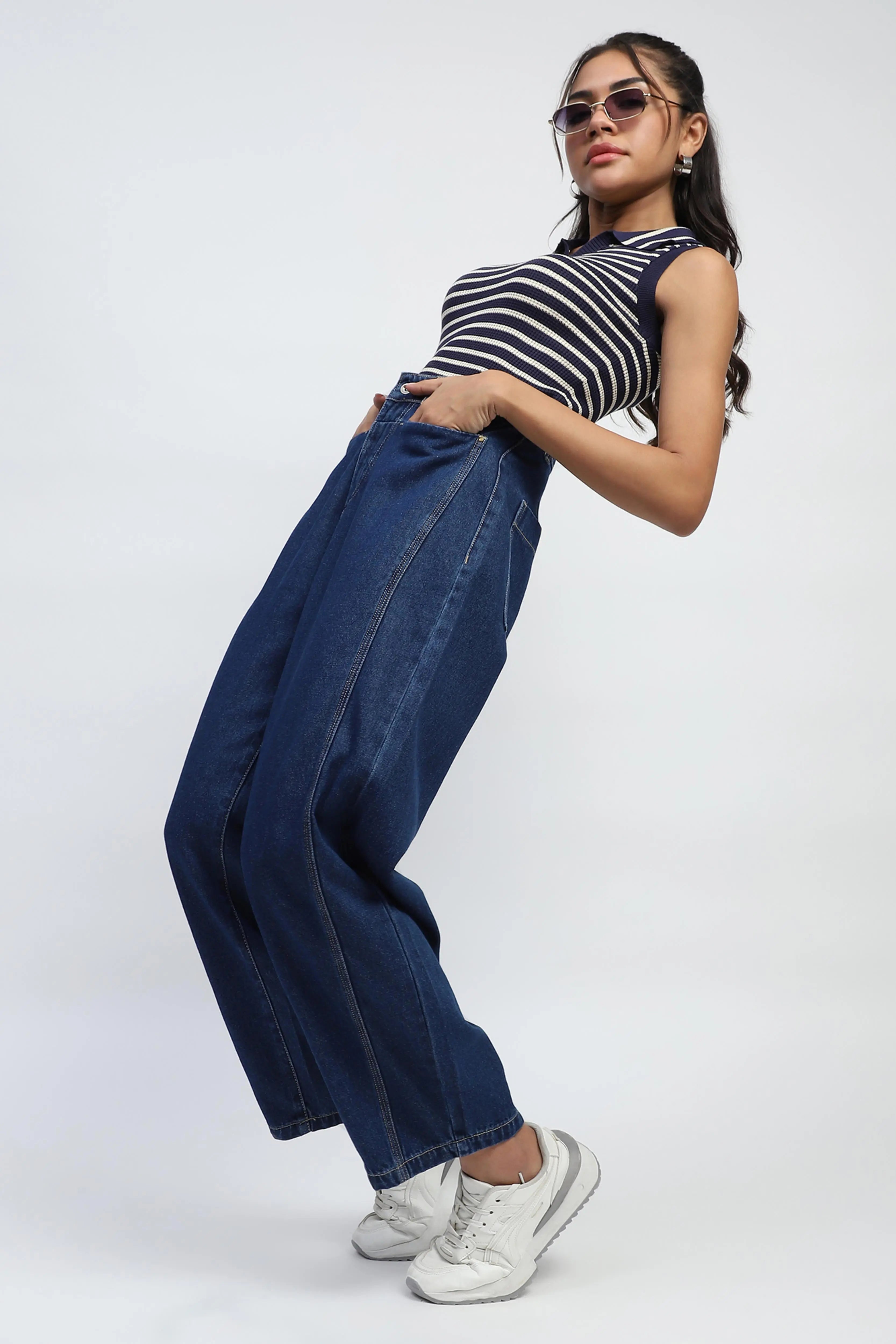 Blue Cotton Blend Boyfriend Jeans - Global Republic
