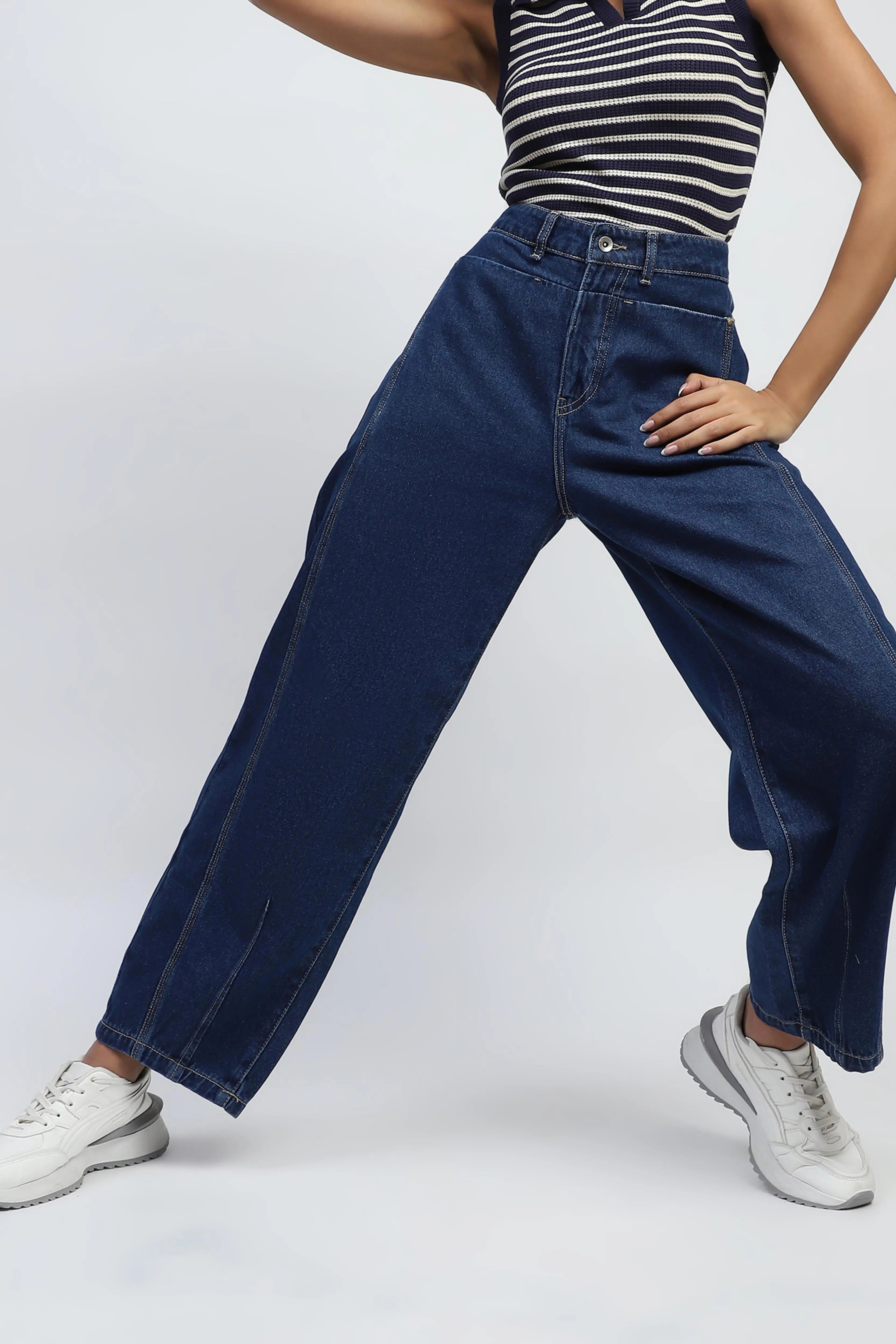Blue Cotton Blend Boyfriend Jeans - Global Republic