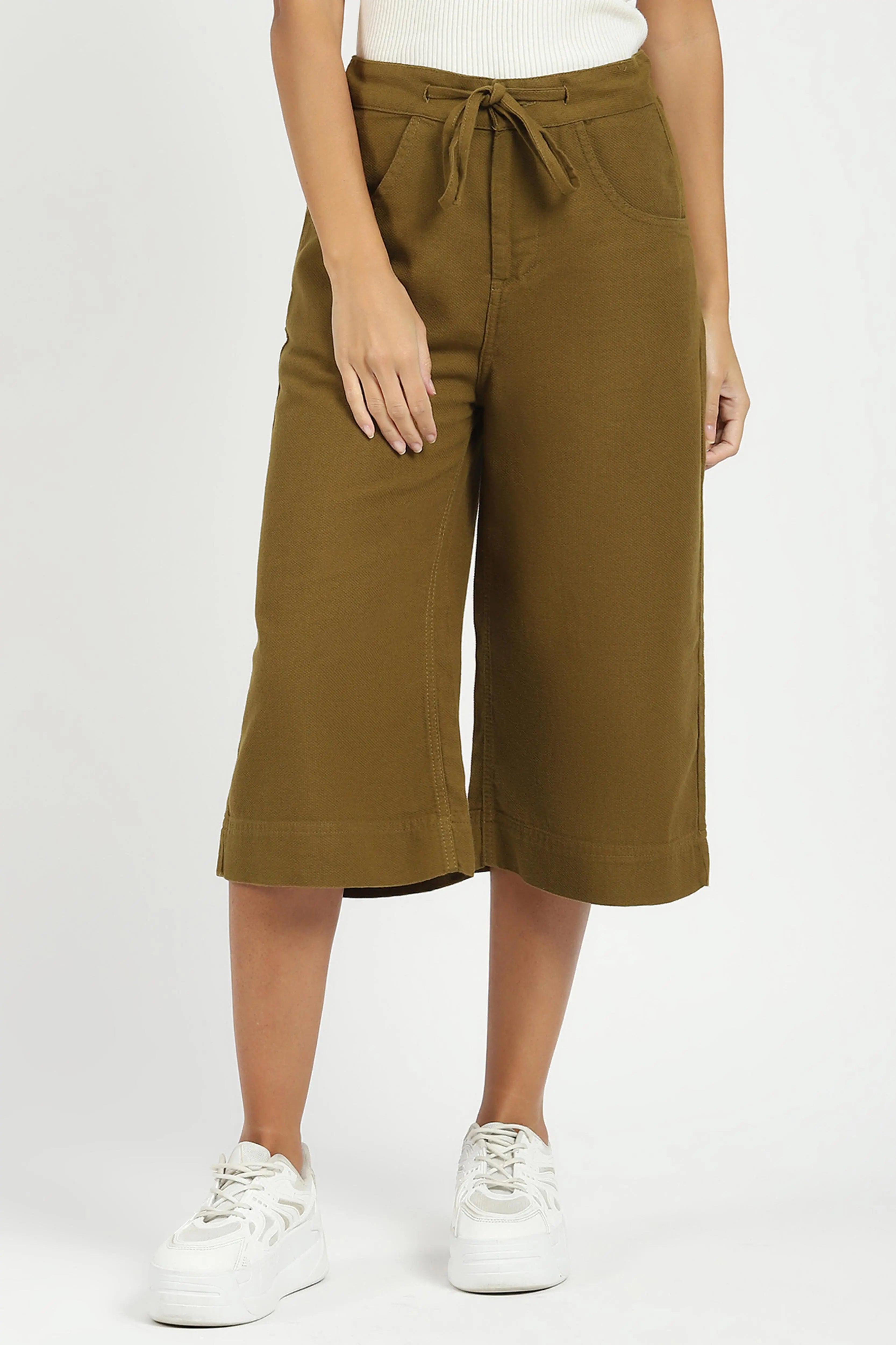 Olive Cotton Relaxed Fit Culottes - Global Republic