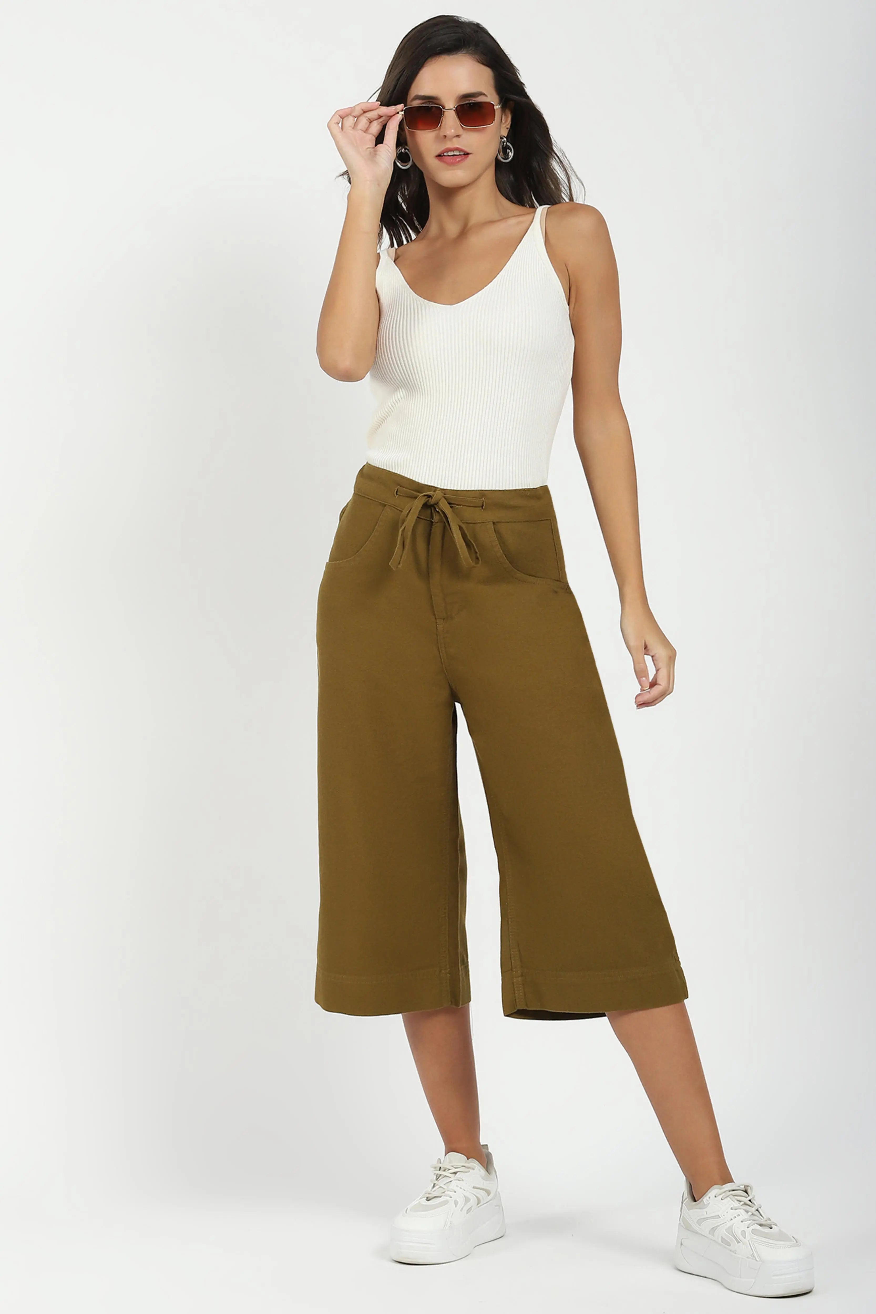 Olive Cotton Relaxed Fit Culottes - Global Republic