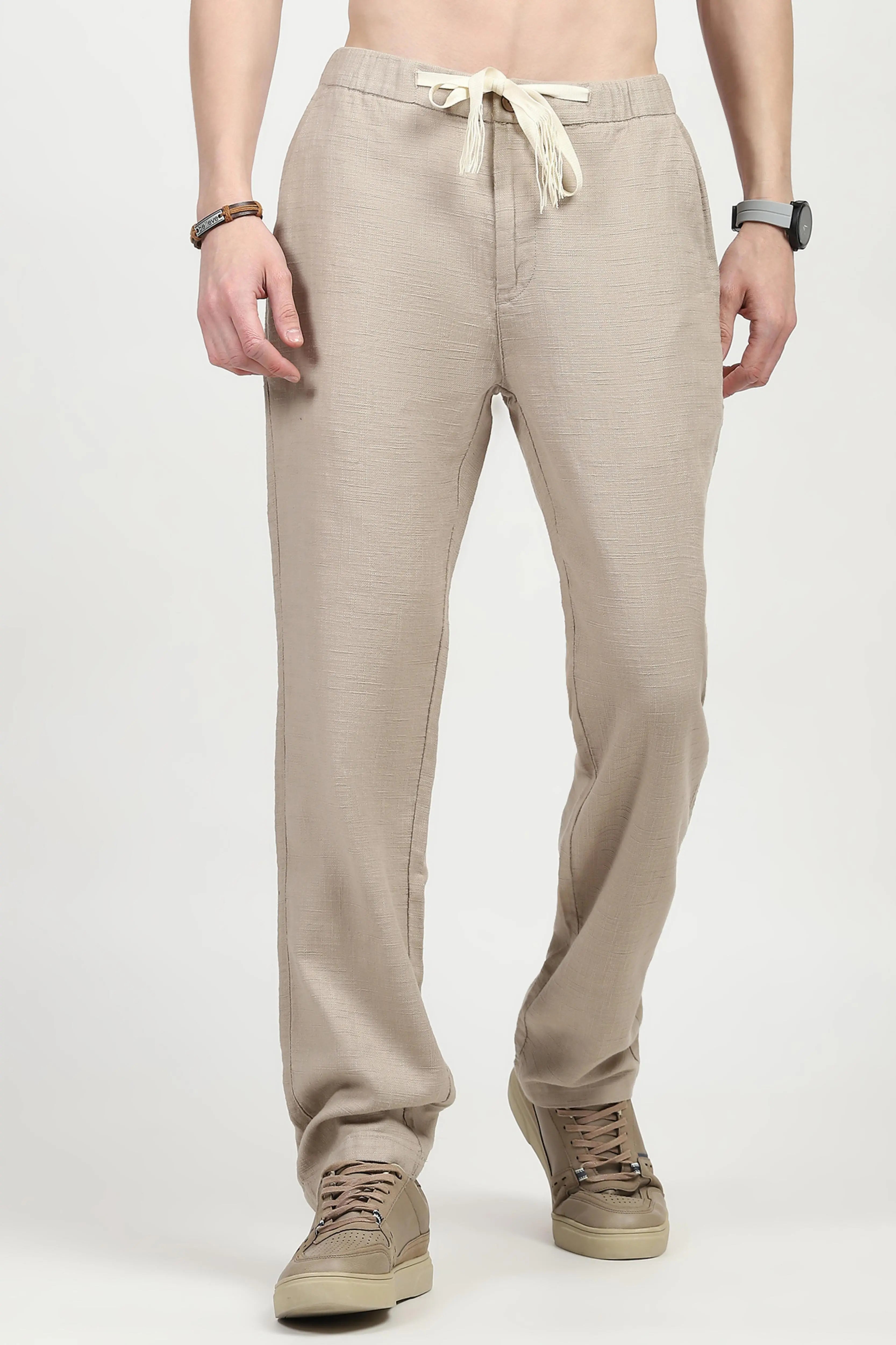 Beige Solid Cotton Loose Fit Trouser - Global Republic