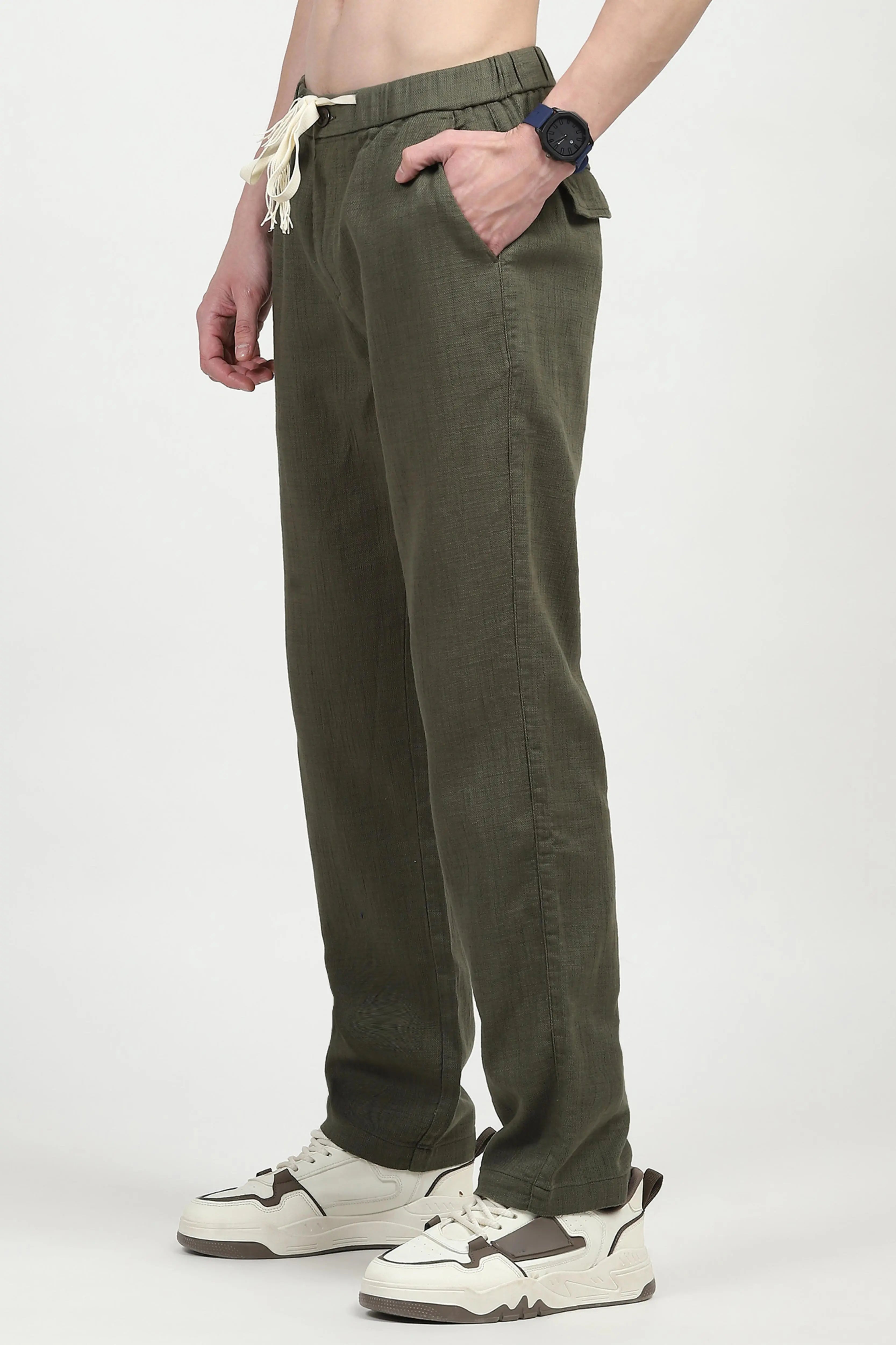 Olive Solid Cotton Loose Fit Trouser - Global Republic
