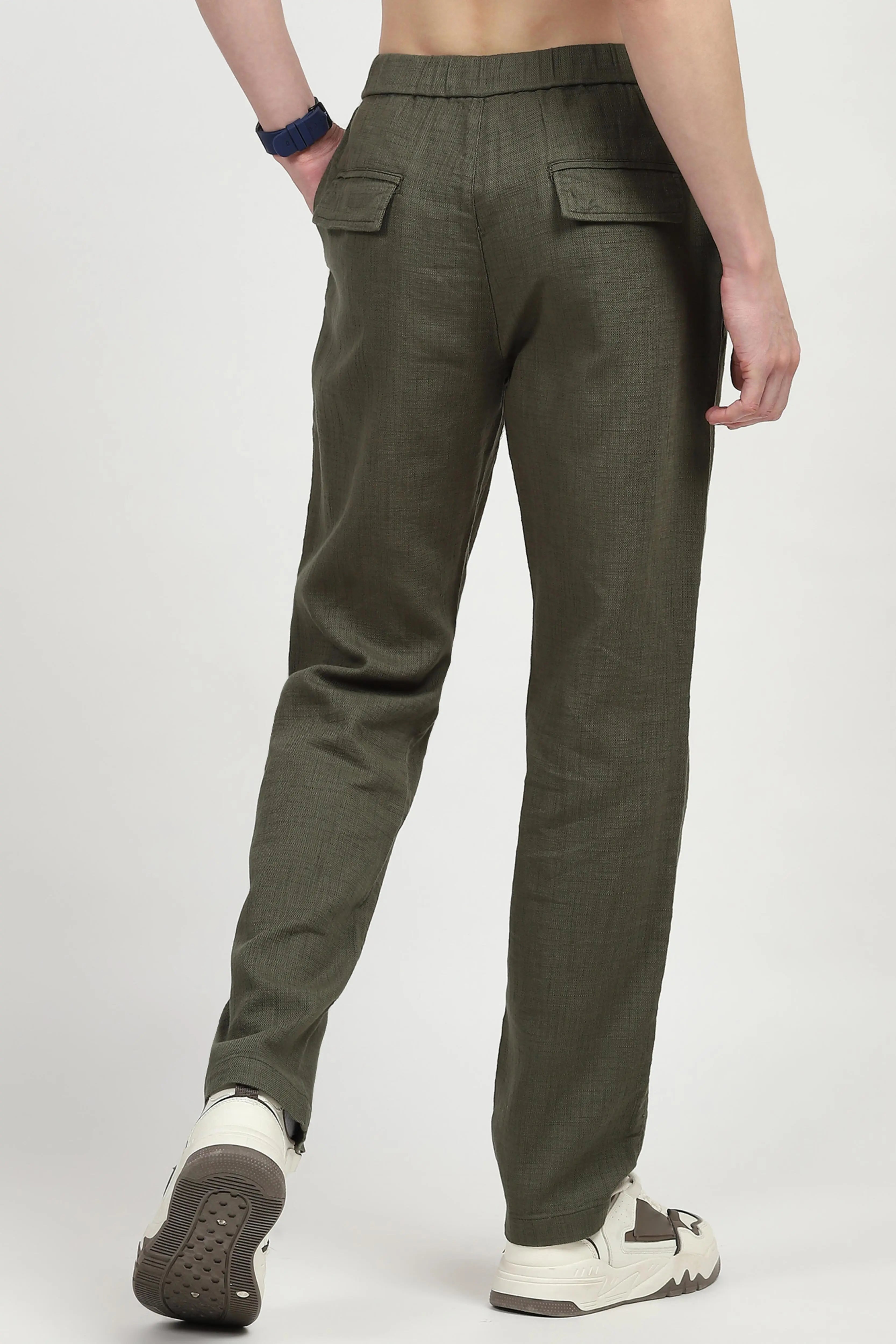 Olive Solid Cotton Loose Fit Trouser - Global Republic