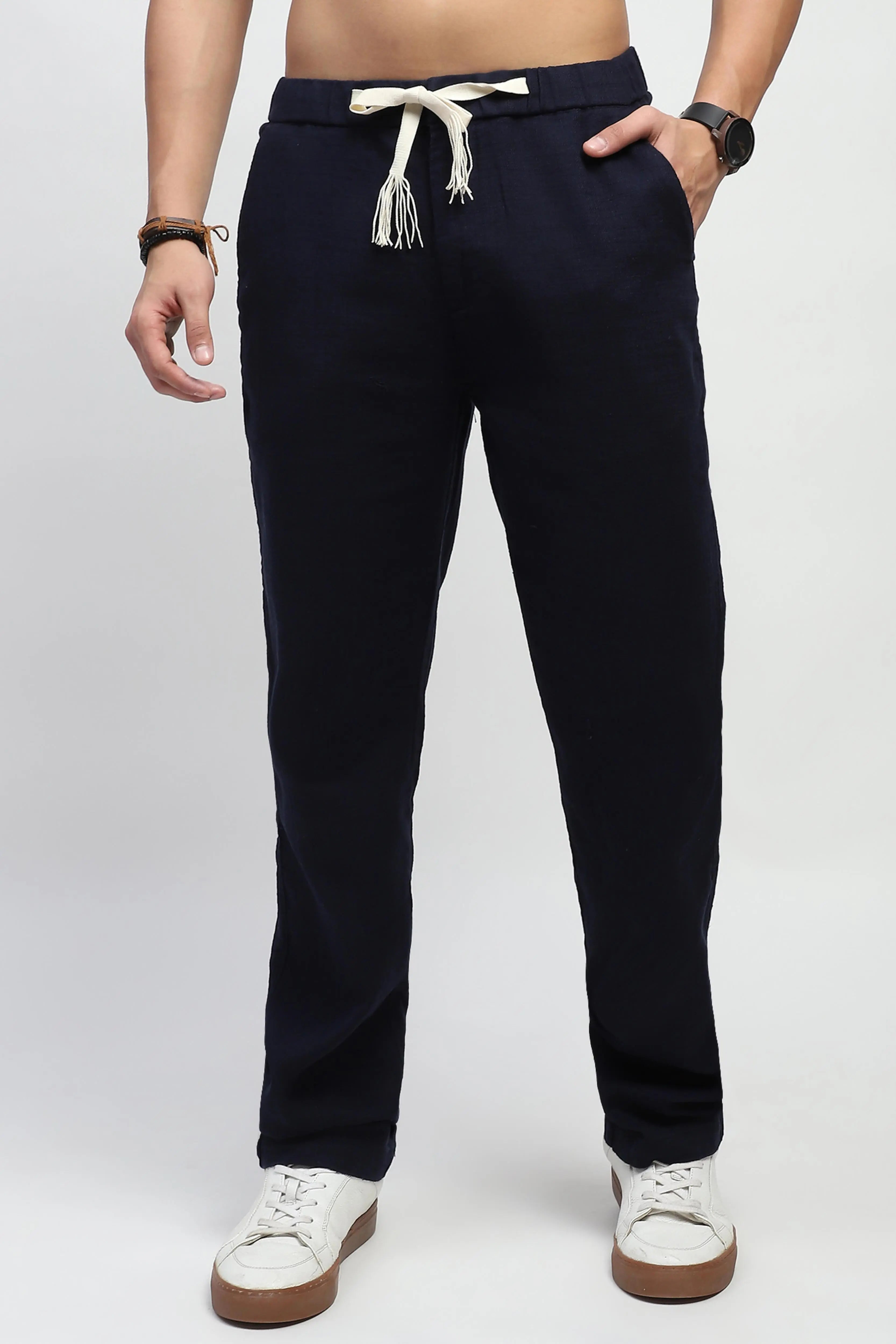 Navy Solid Cotton Loose Fit Trouser - Global Republic