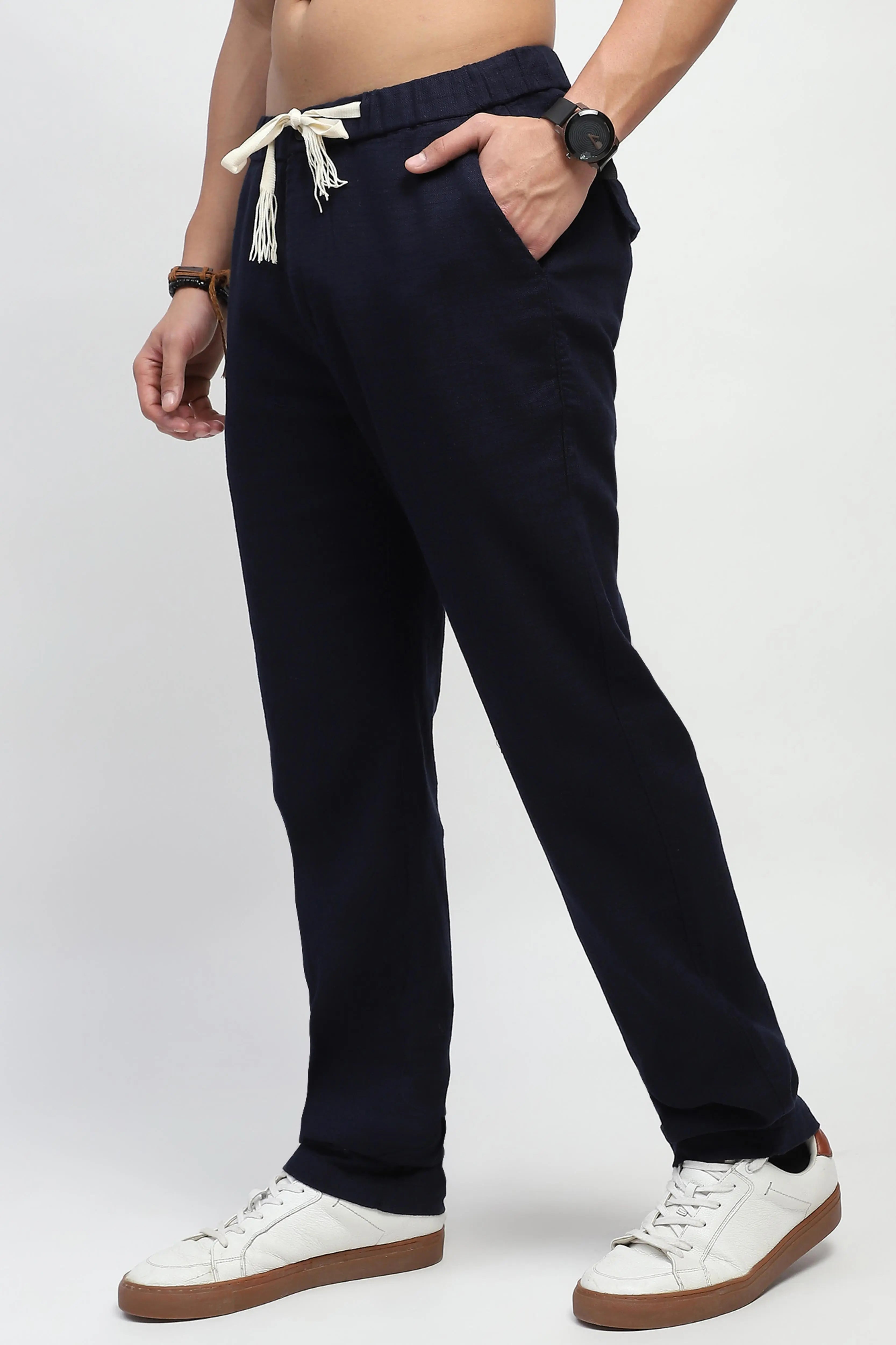 Navy Solid Cotton Loose Fit Trouser - Global Republic