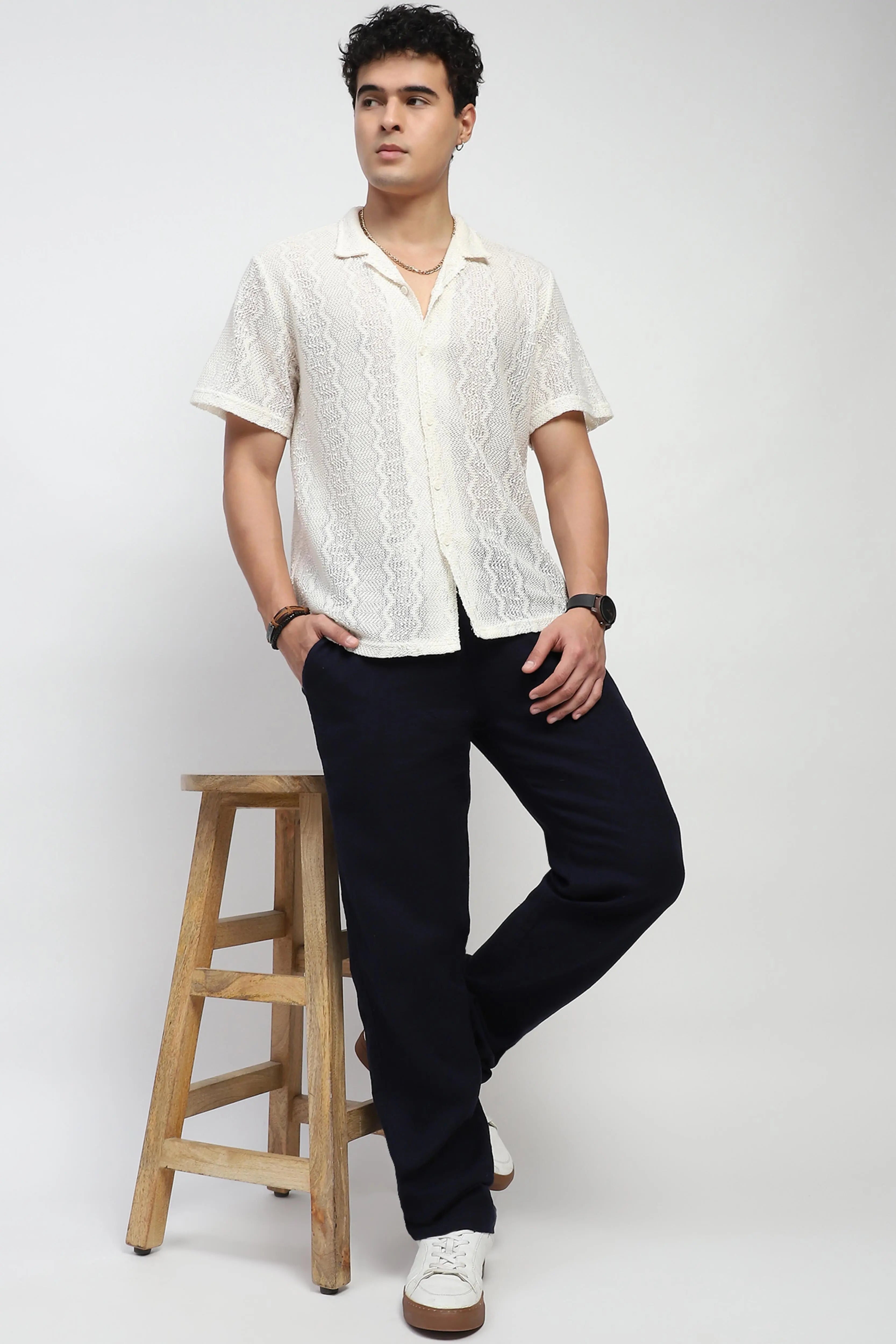 Navy Solid Cotton Loose Fit Trouser - Global Republic