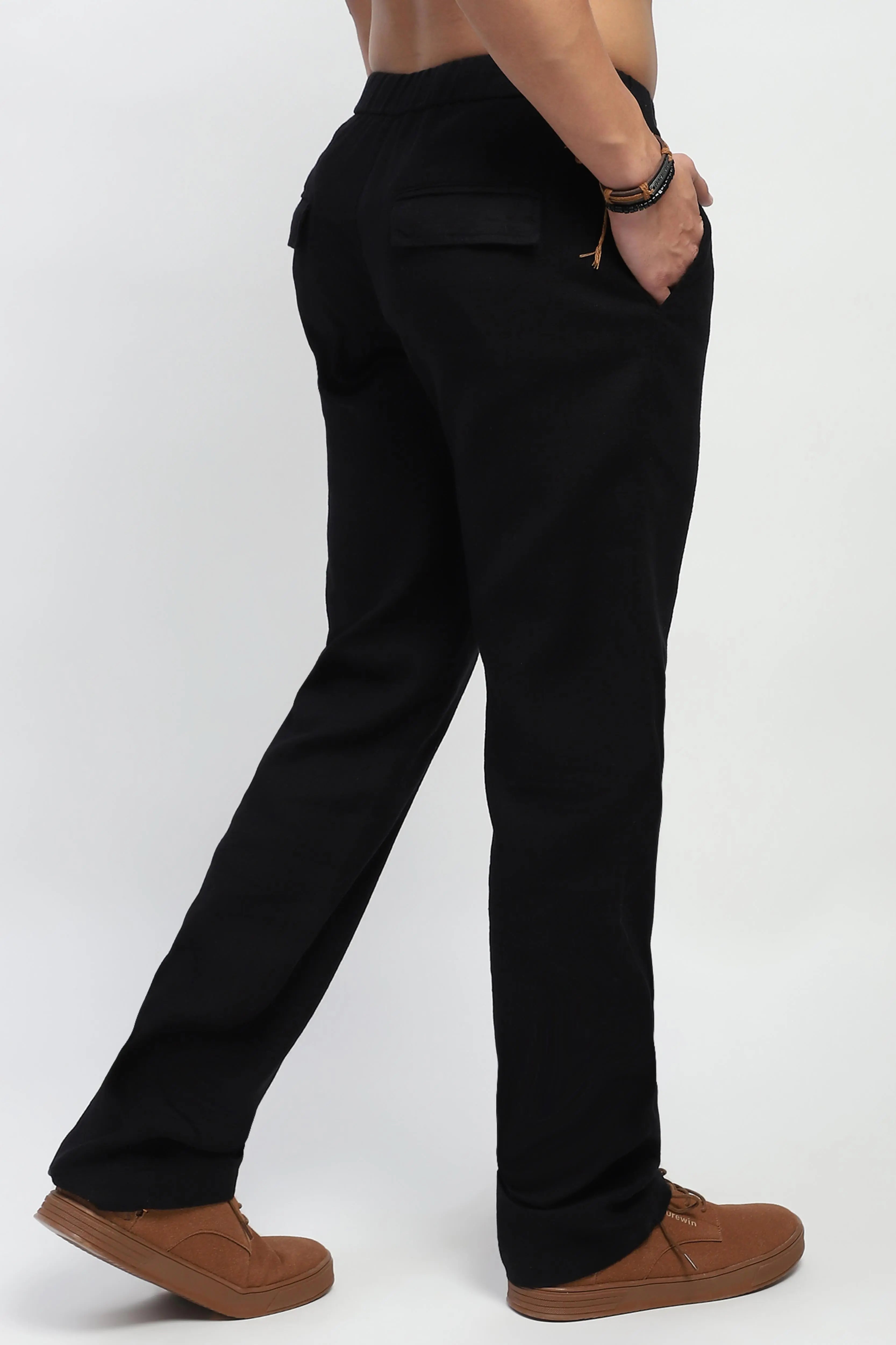 Black Solid Cotton Loose Fit Trouser - Global Republic