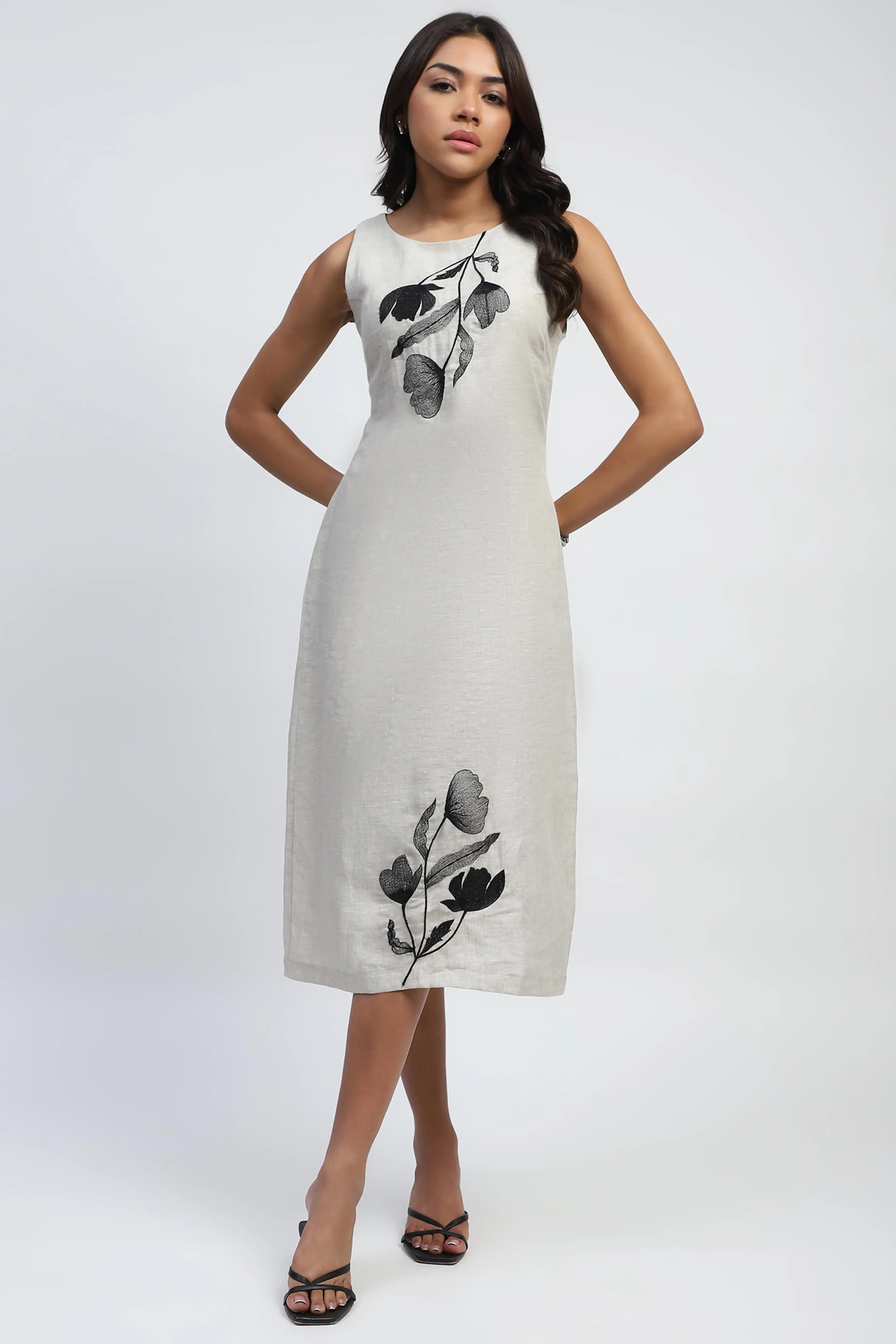 Natural Floral Embroidery Linen Dress - Global Republic
