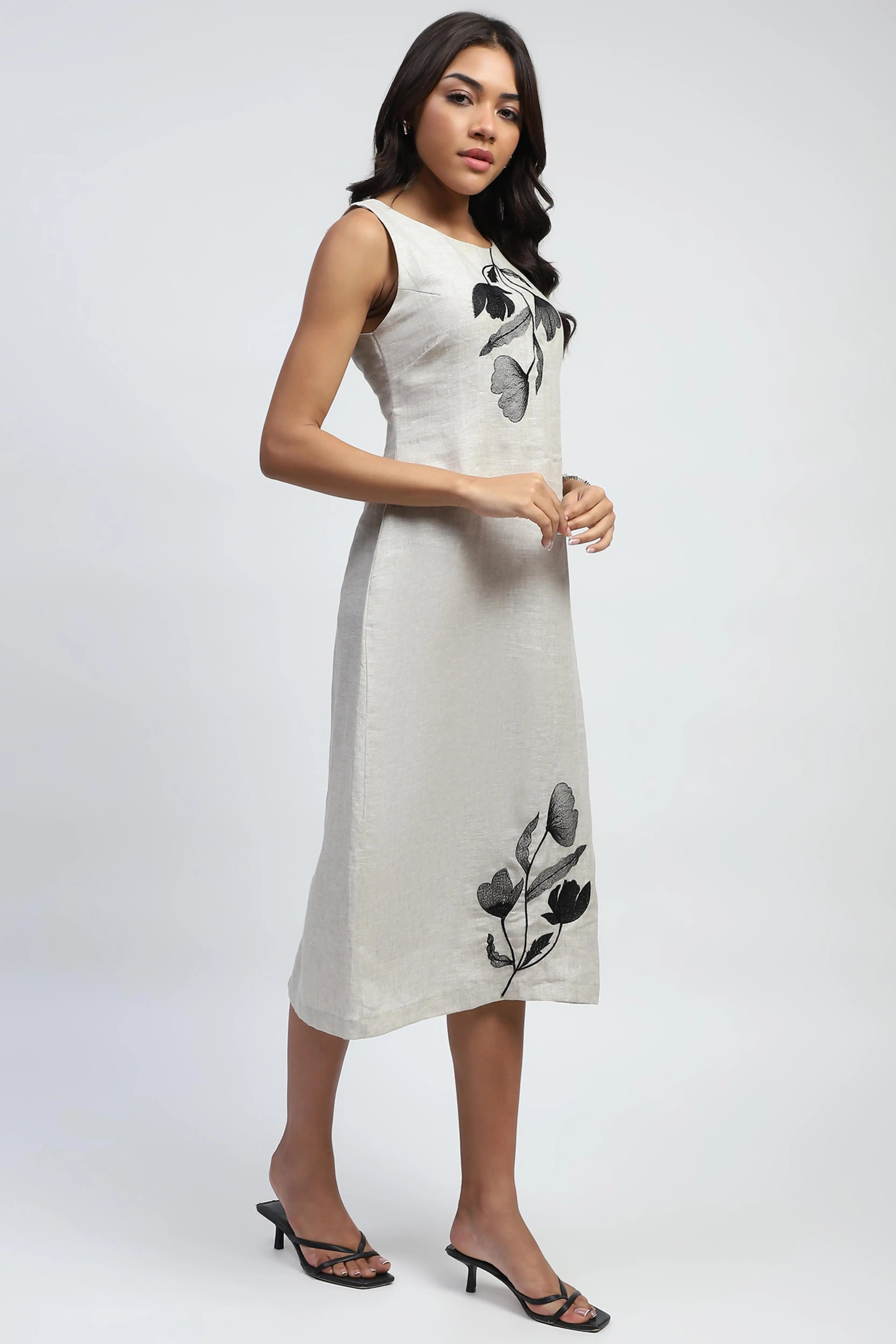 Natural Floral Embroidery Linen Dress - Global Republic
