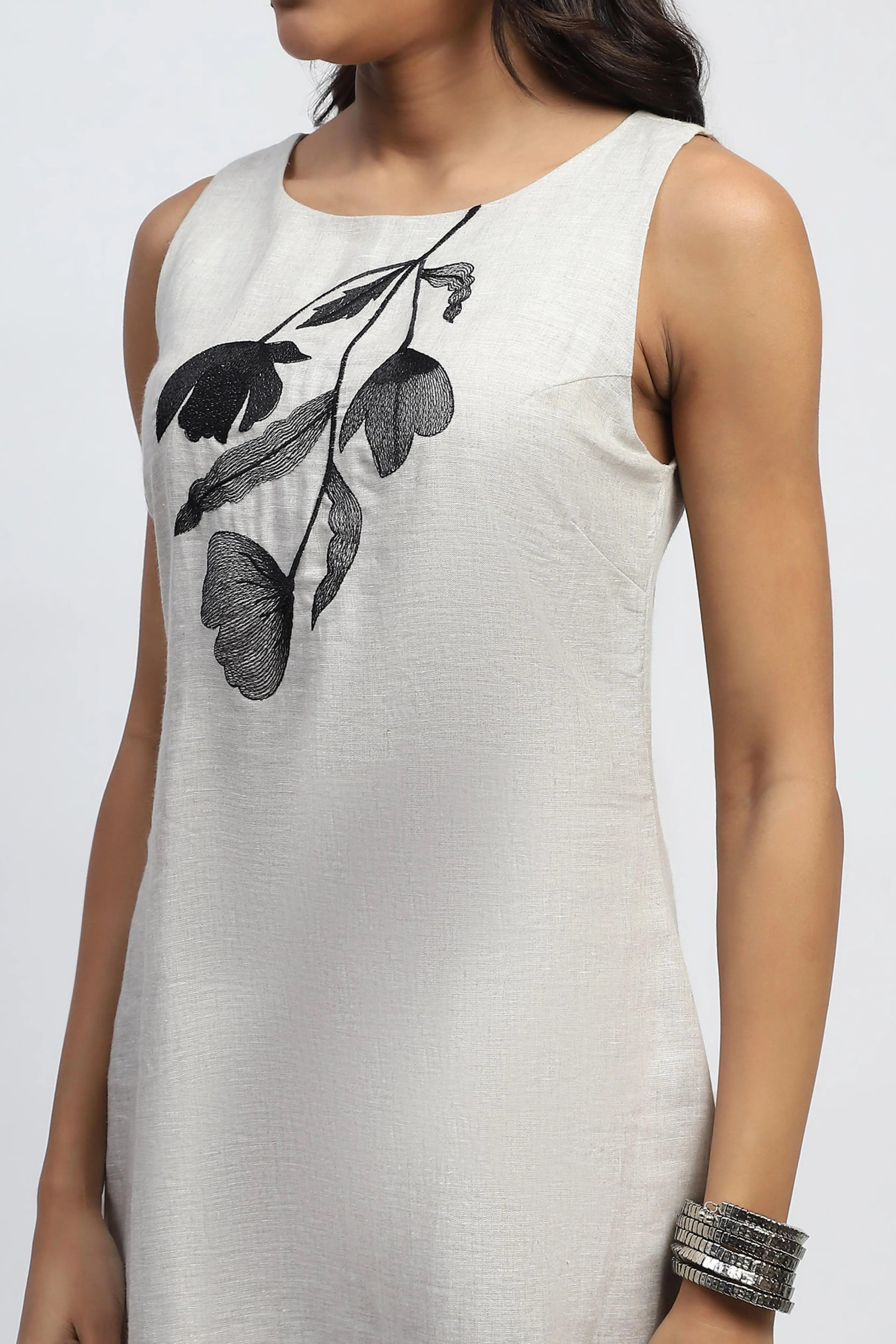 Natural Floral Embroidery Linen Dress - Global Republic