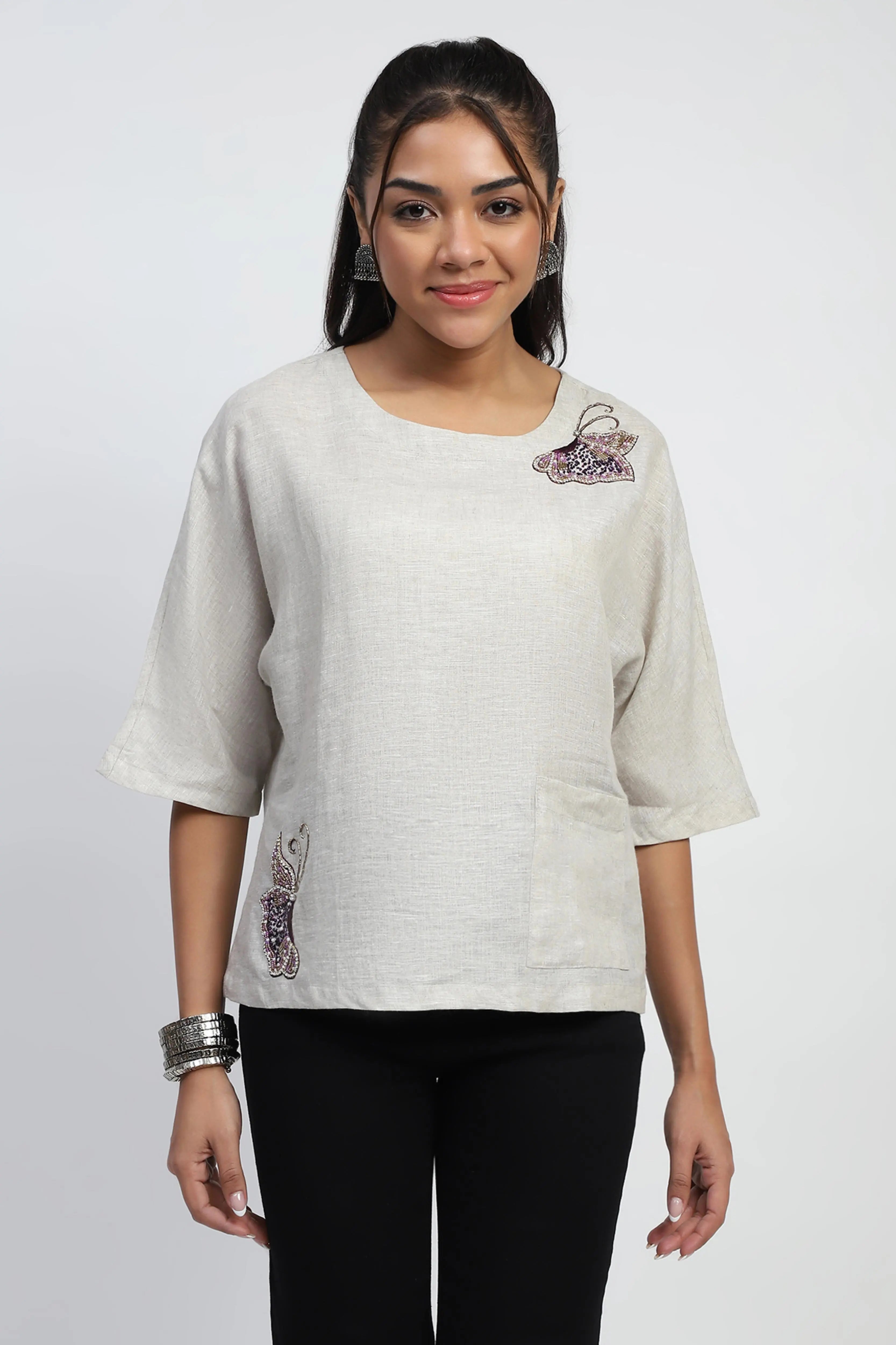 Natural Embellished Linen Boxy Fit Top - Global Republic