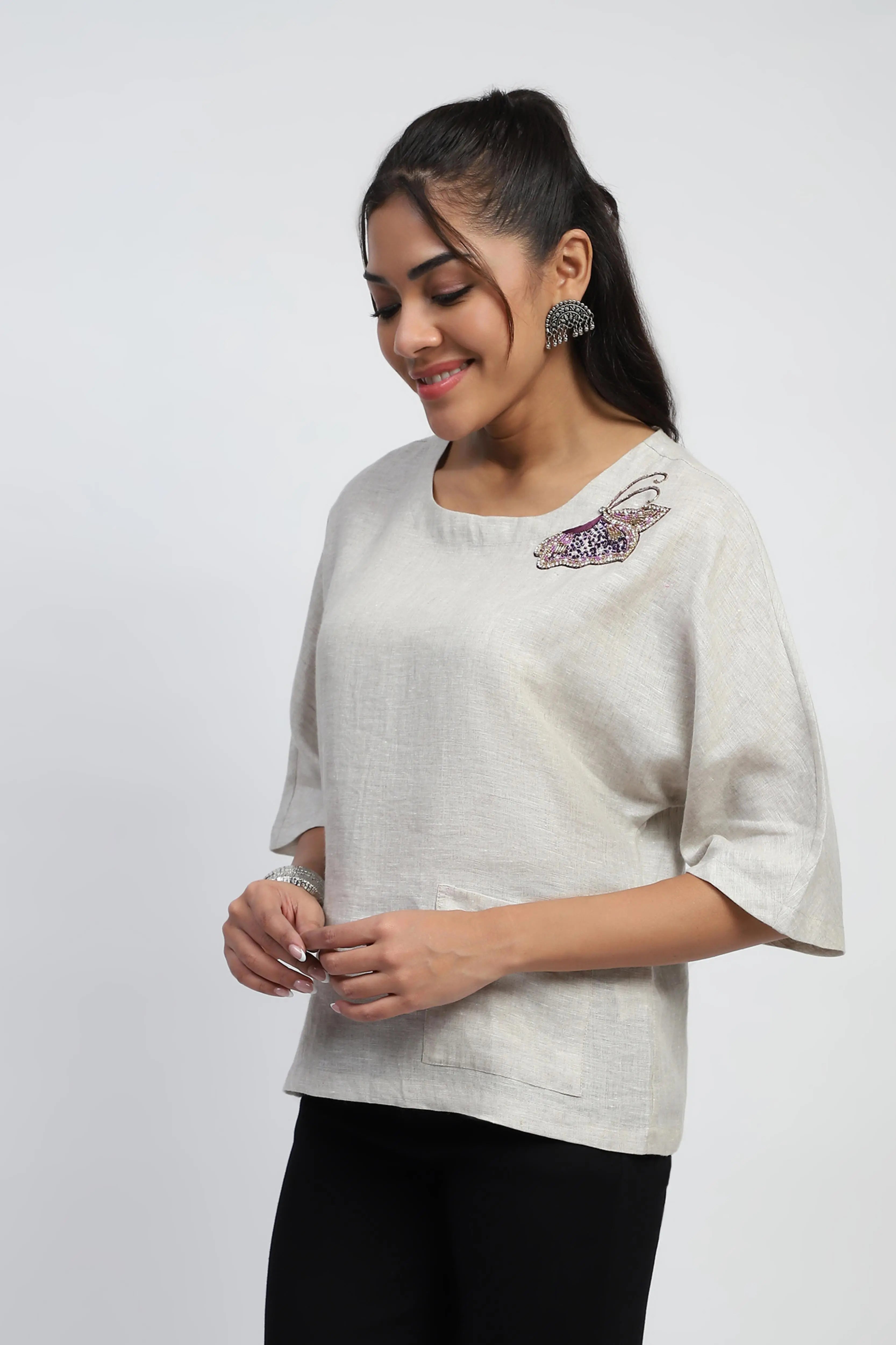 Natural Embellished Linen Boxy Fit Top - Global Republic
