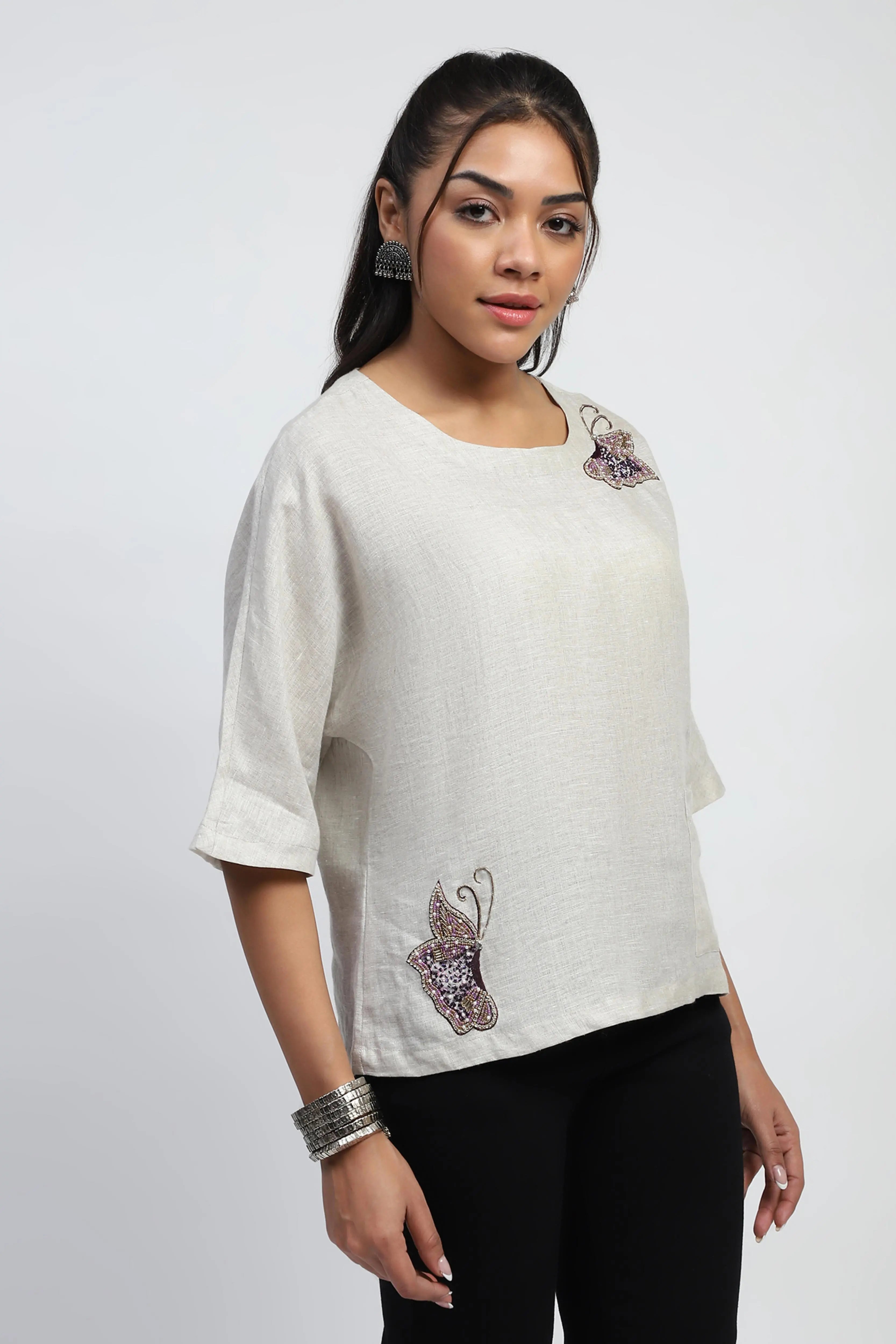 Natural Embellished Linen Boxy Fit Top - Global Republic