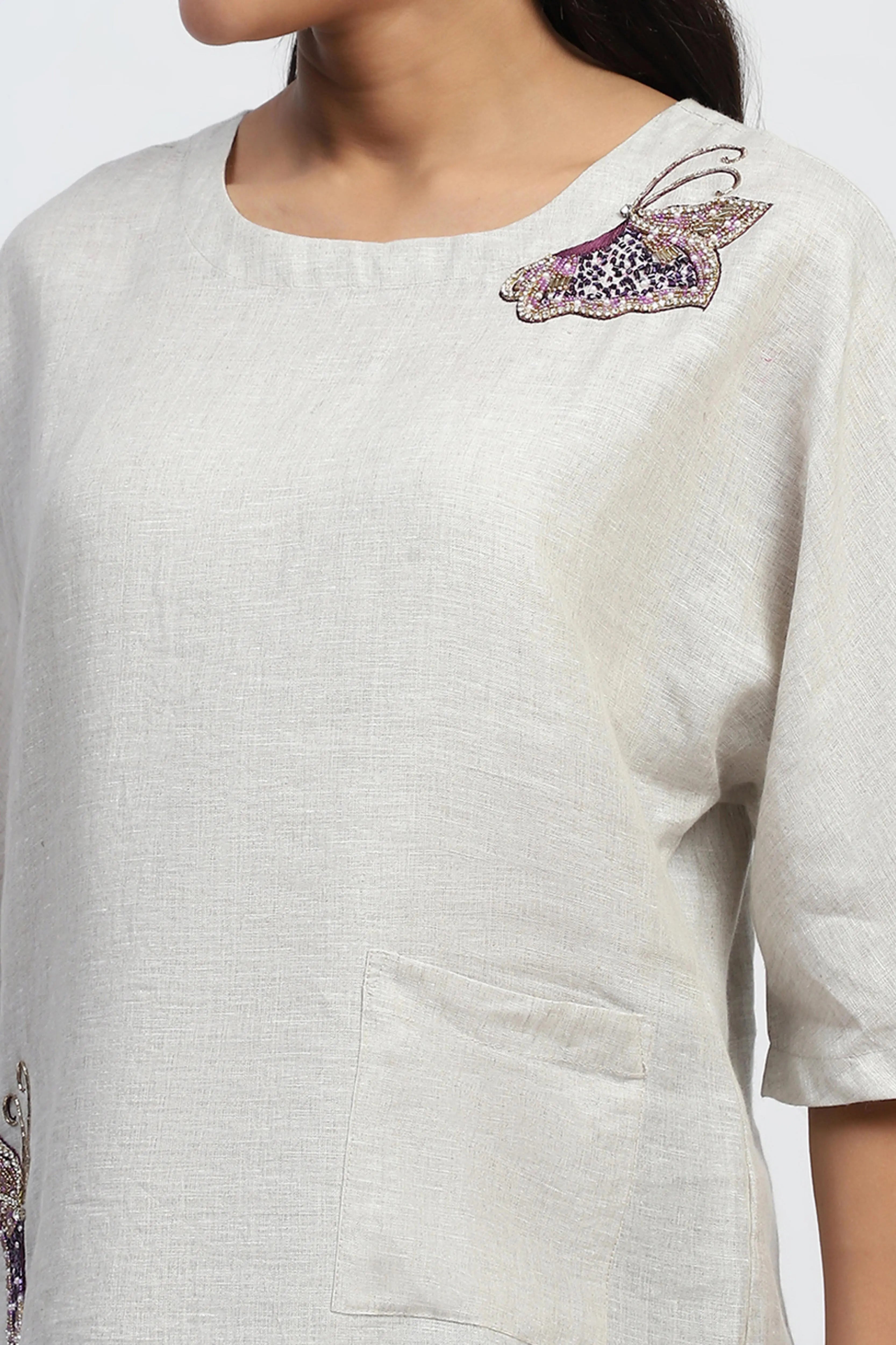 Natural Embellished Linen Boxy Fit Top - Global Republic