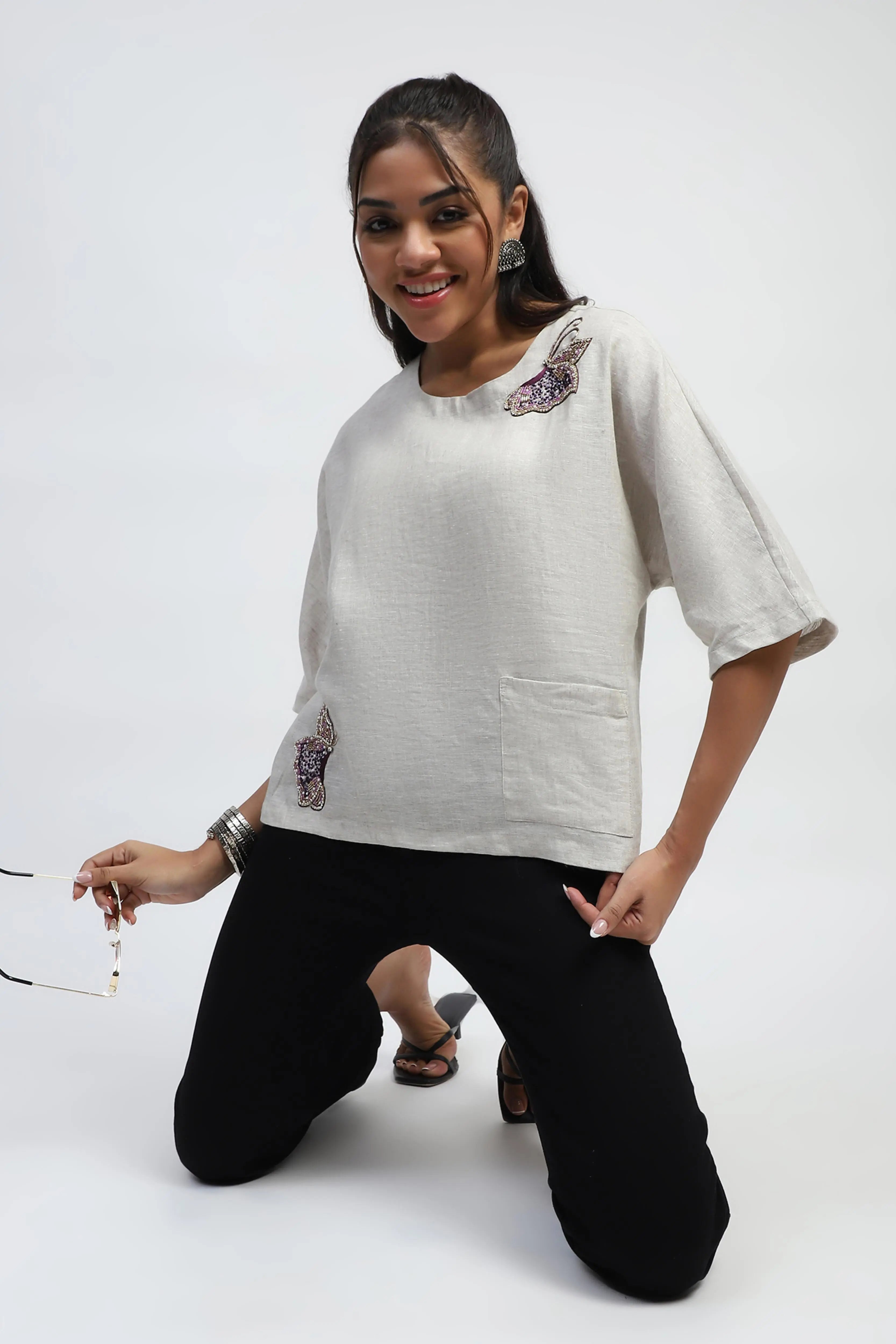 Natural Embellished Linen Boxy Fit Top - Global Republic