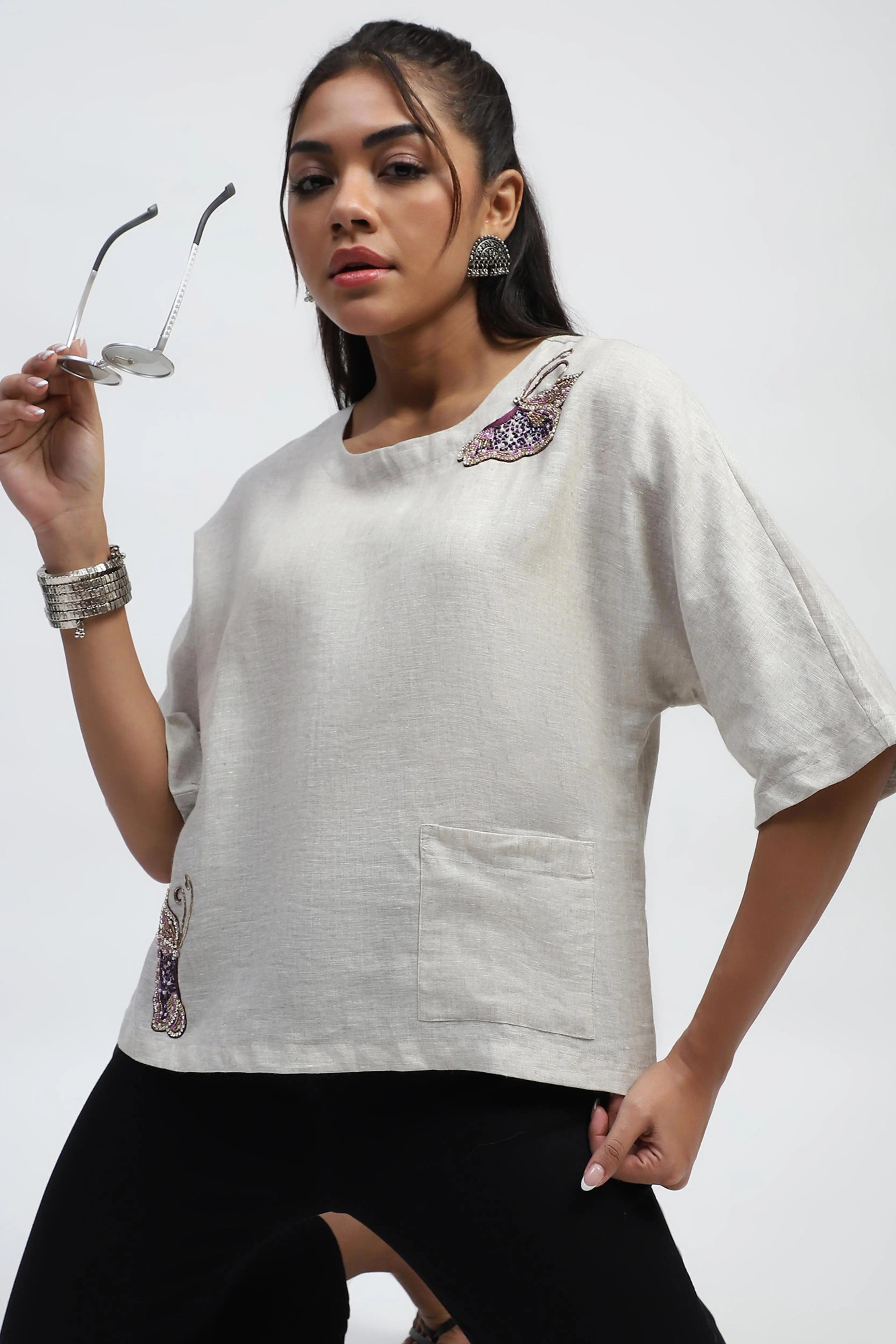 Natural Embellished Linen Boxy Fit Top - Global Republic