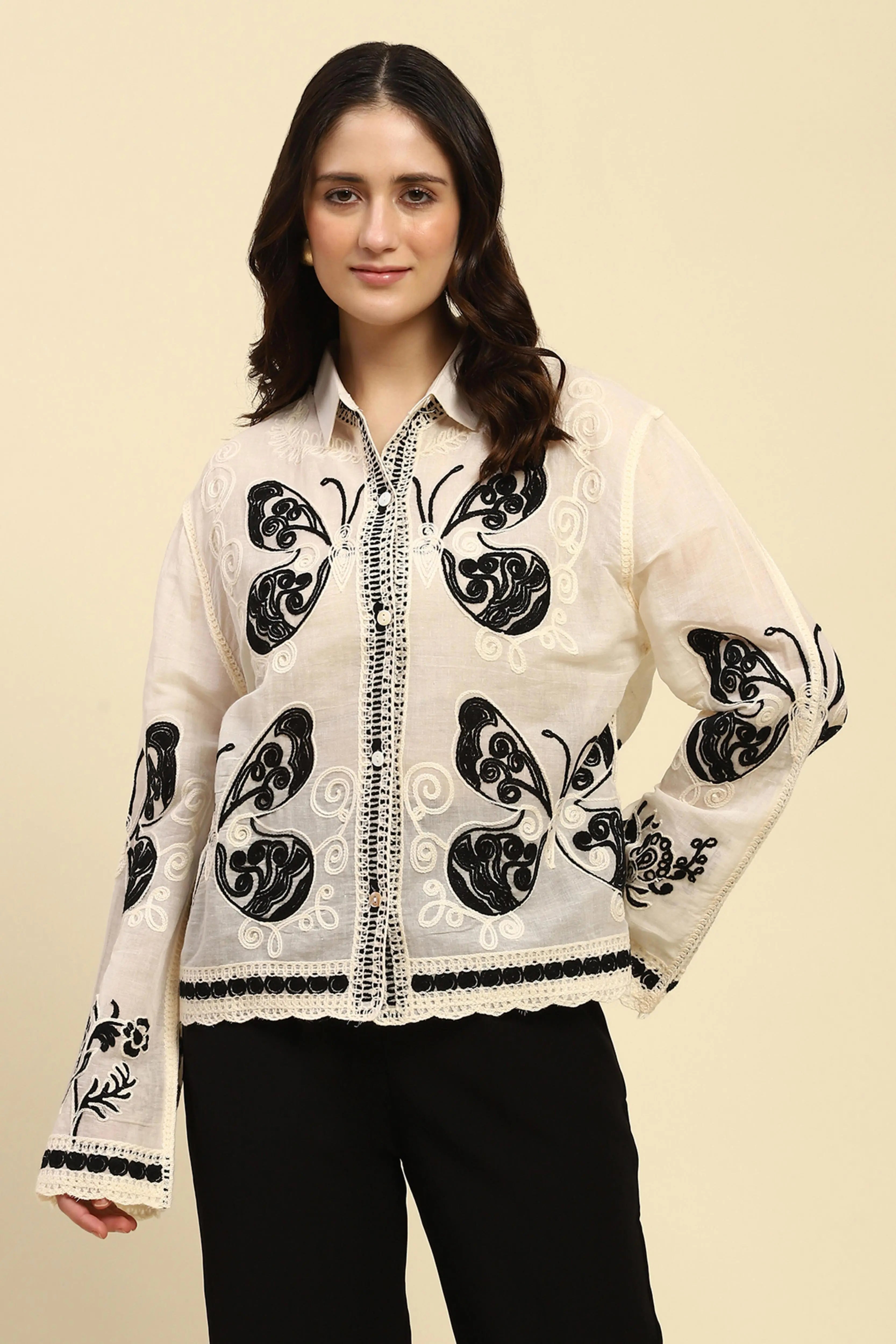 Cream & Black Embroidered Cotton Shirt - Global Republic