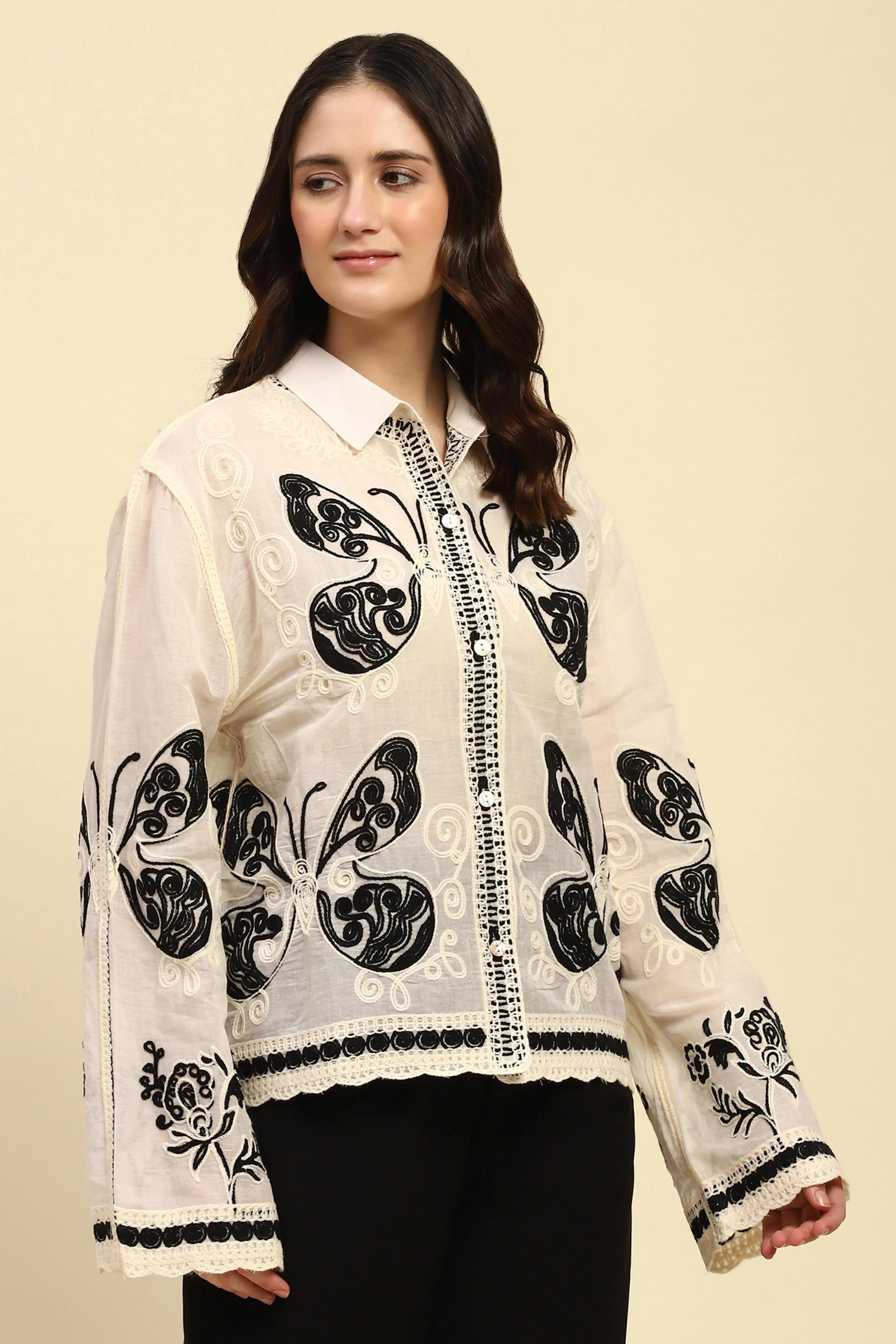 Cream & Black Embroidered Cotton Shirt - Global Republic