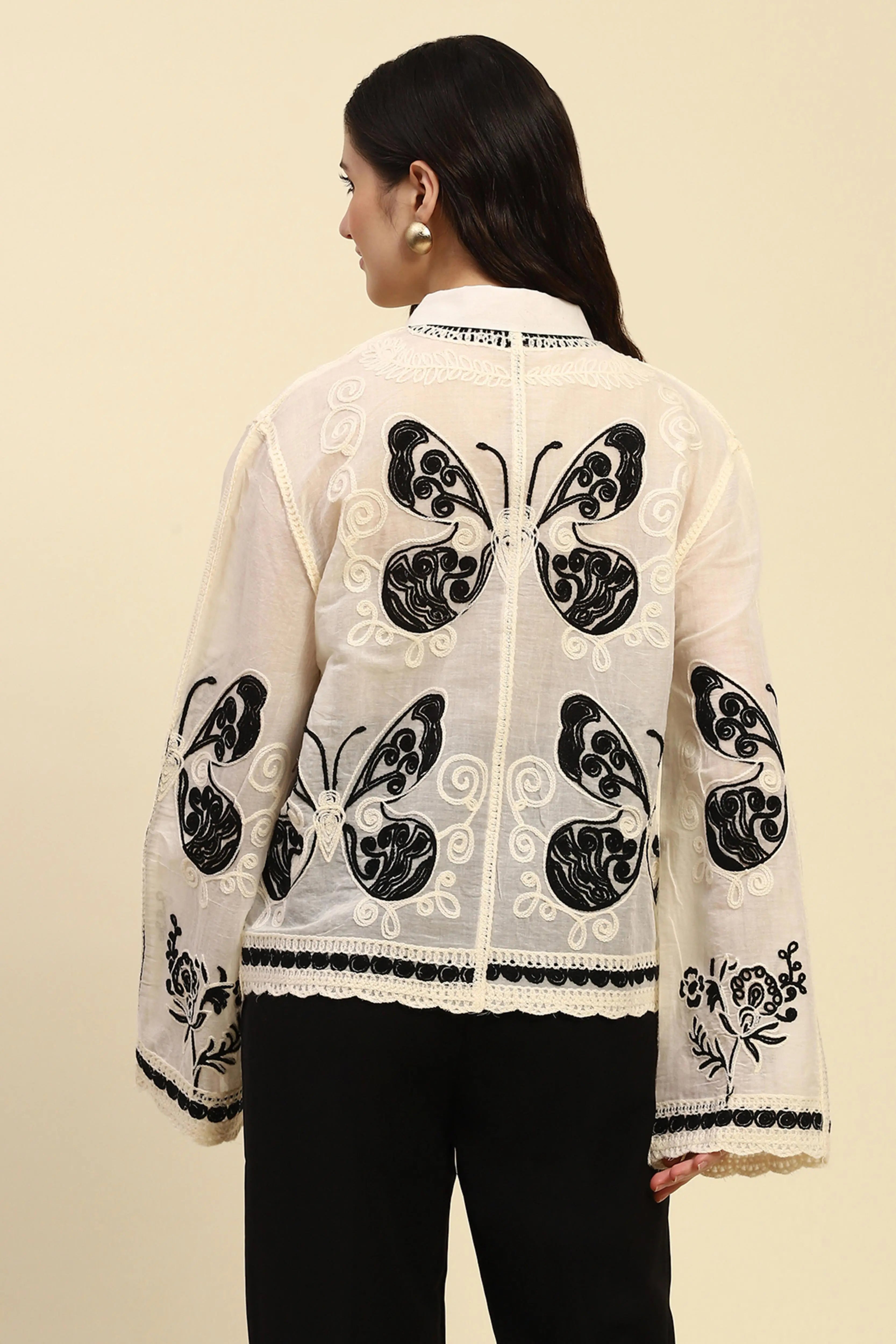 Cream & Black Embroidered Cotton Shirt - Global Republic
