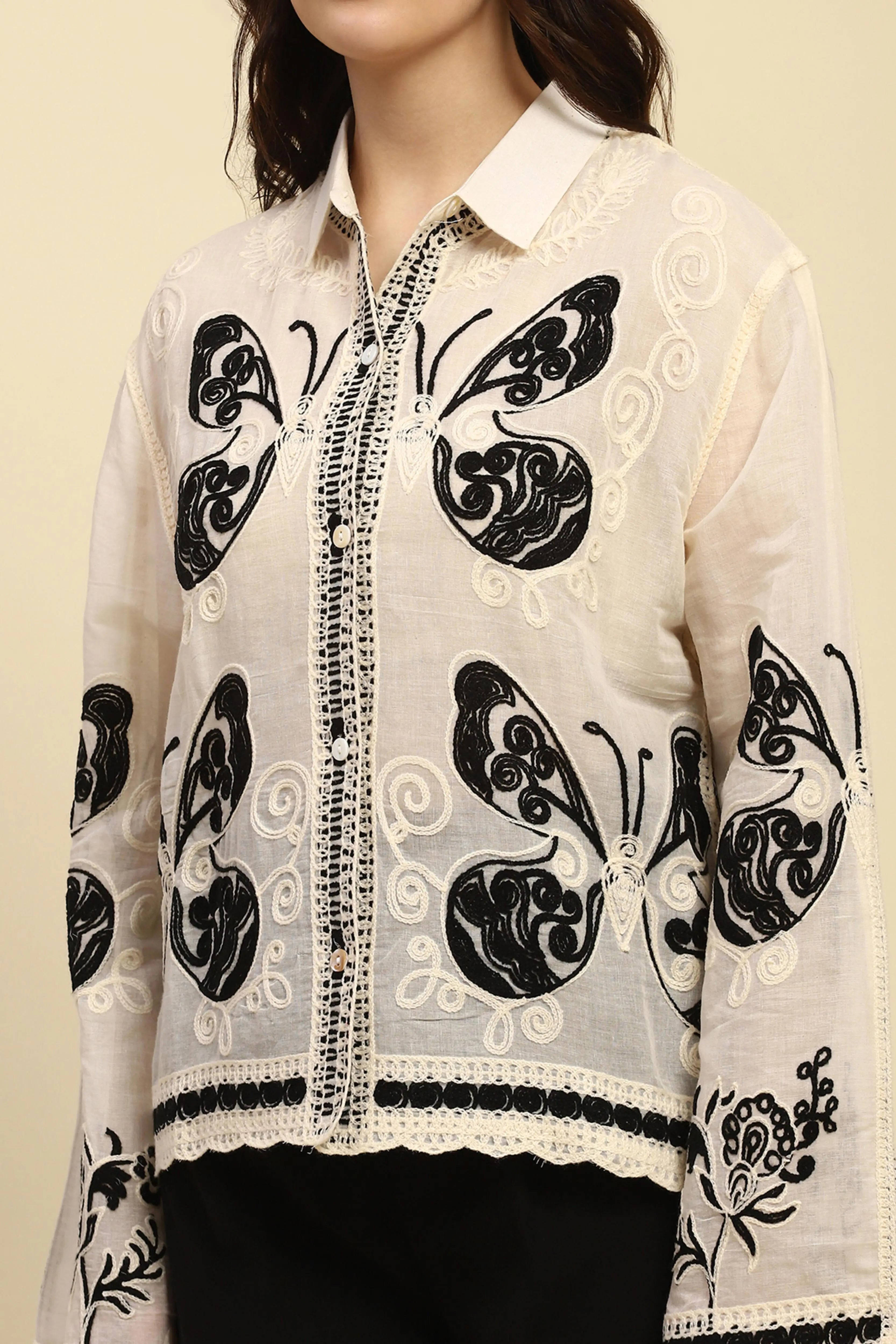 Cream & Black Embroidered Cotton Shirt - Global Republic
