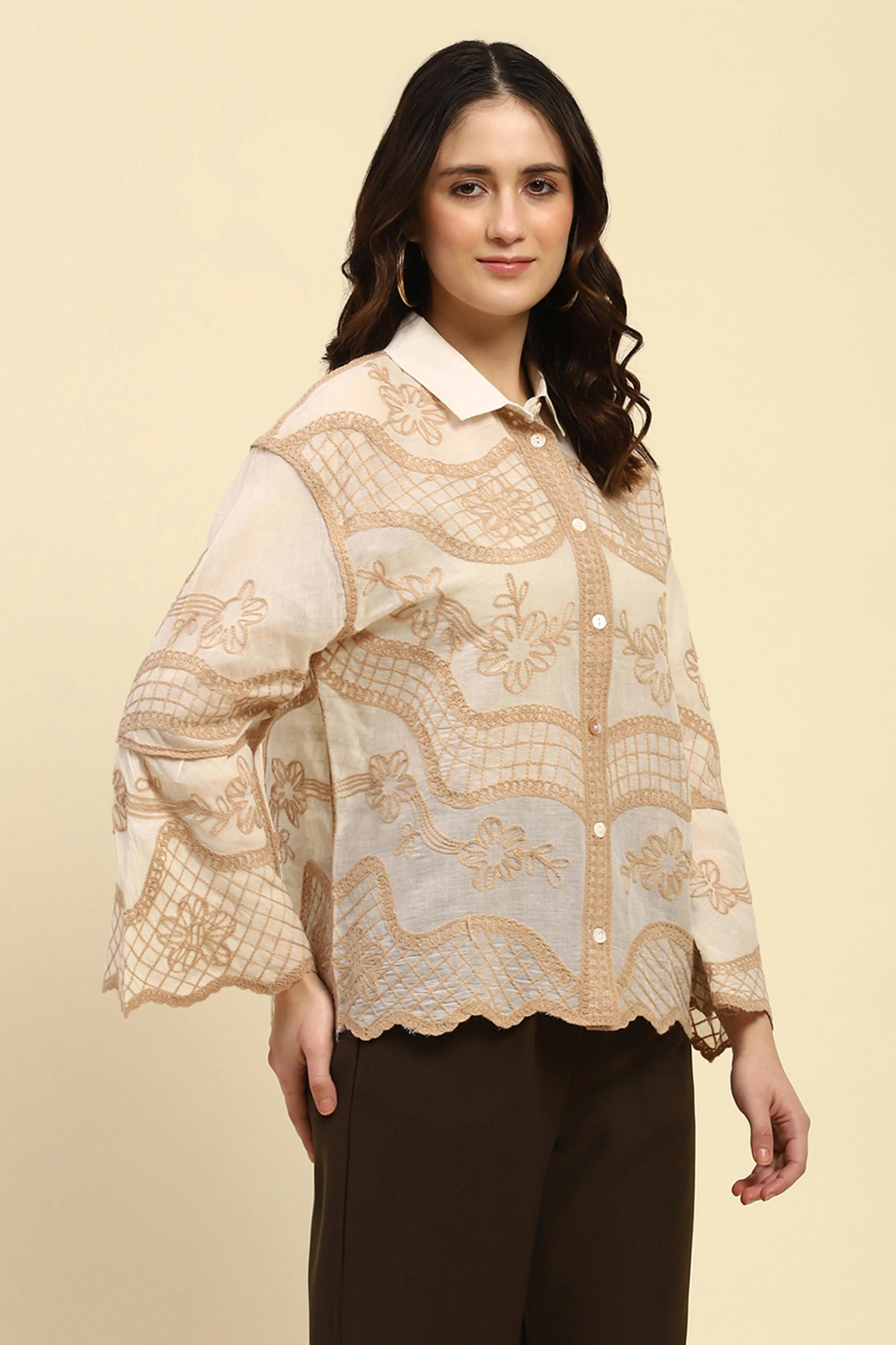Cream & Beige Embroidered Cotton Shirt - Global Republic
