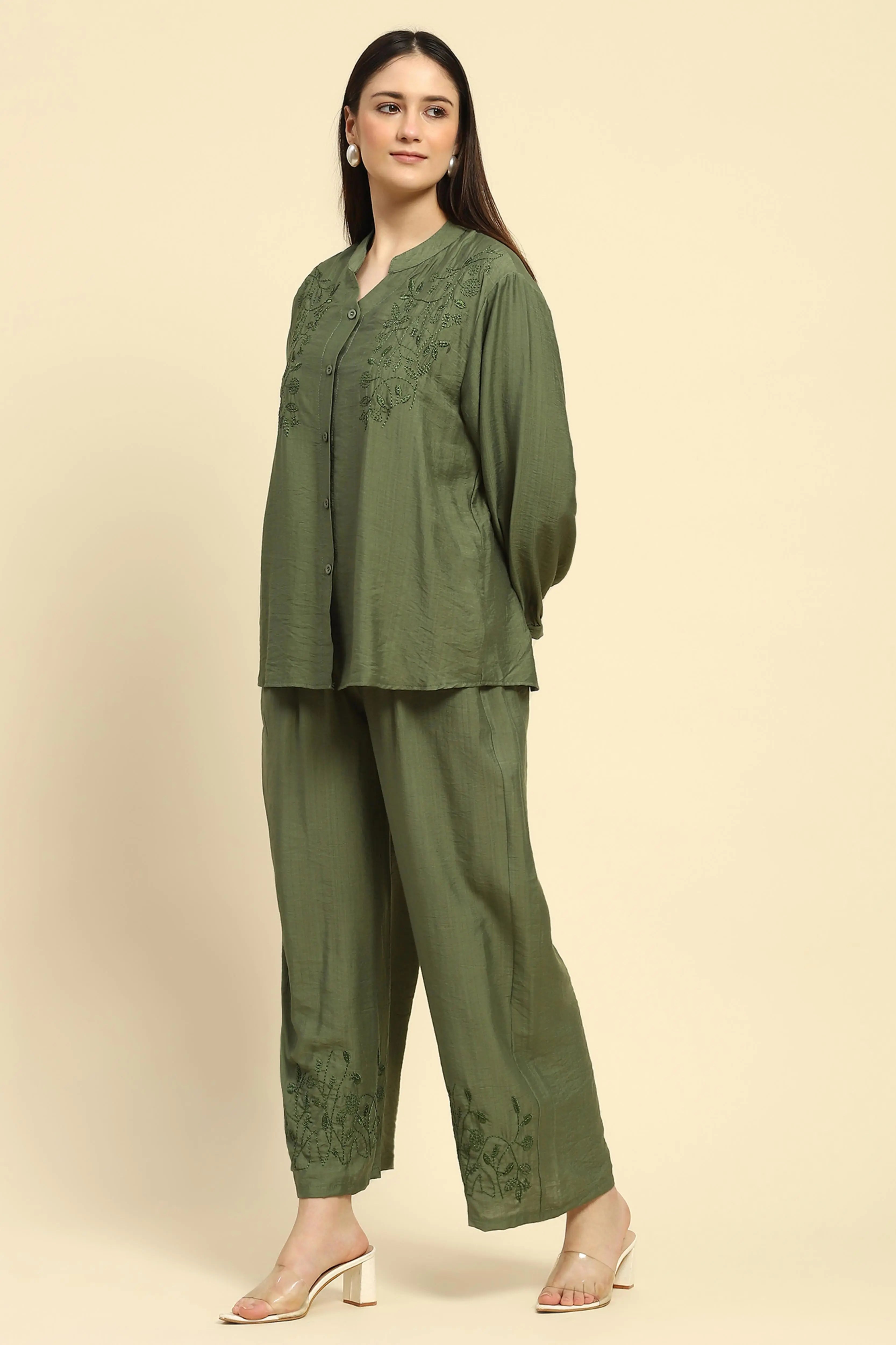 Green Embroidered Rayon Nightsuit - Global Republic