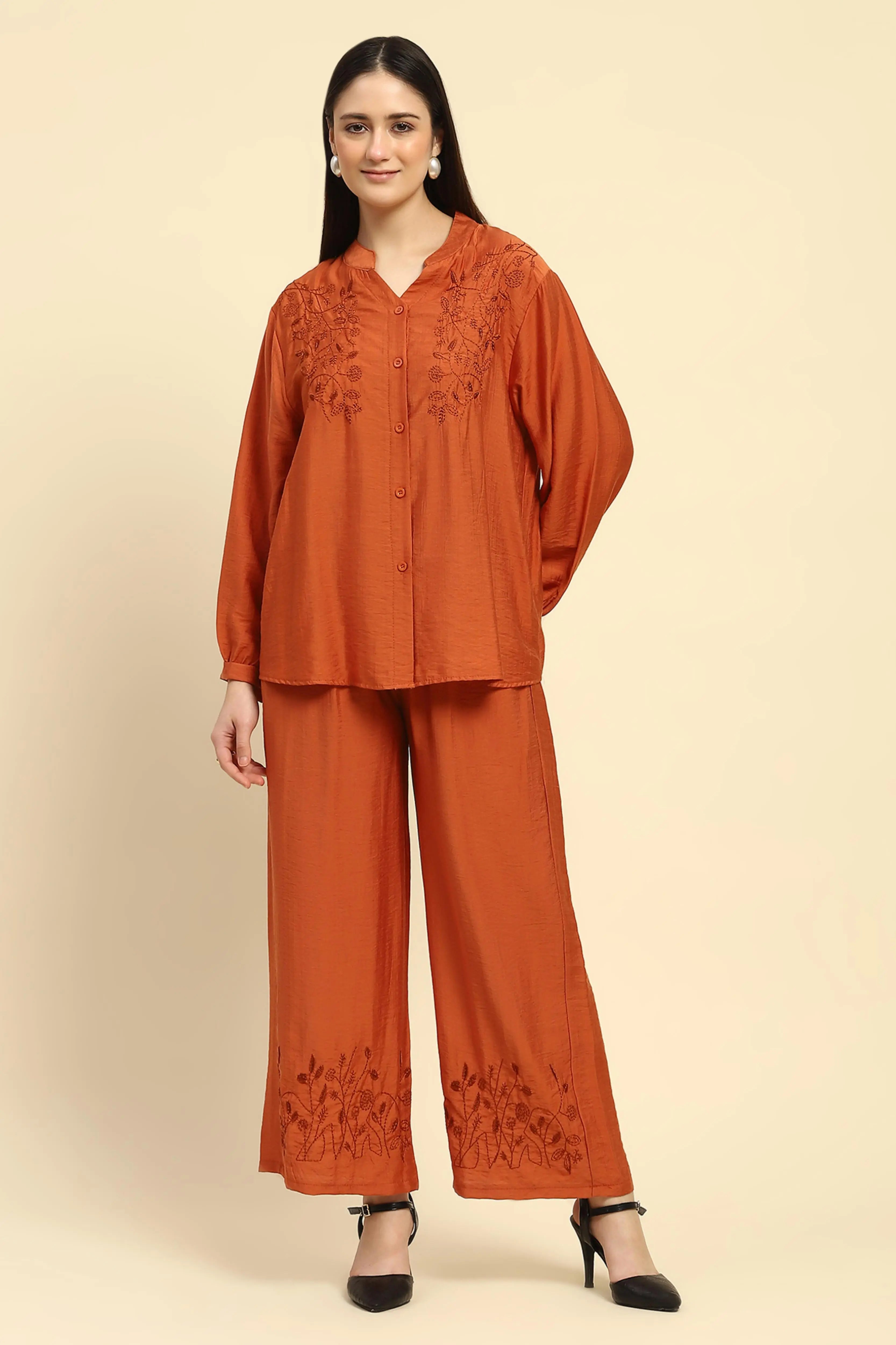 Rust Embroidered Rayon Nightsuit - Global Republic
