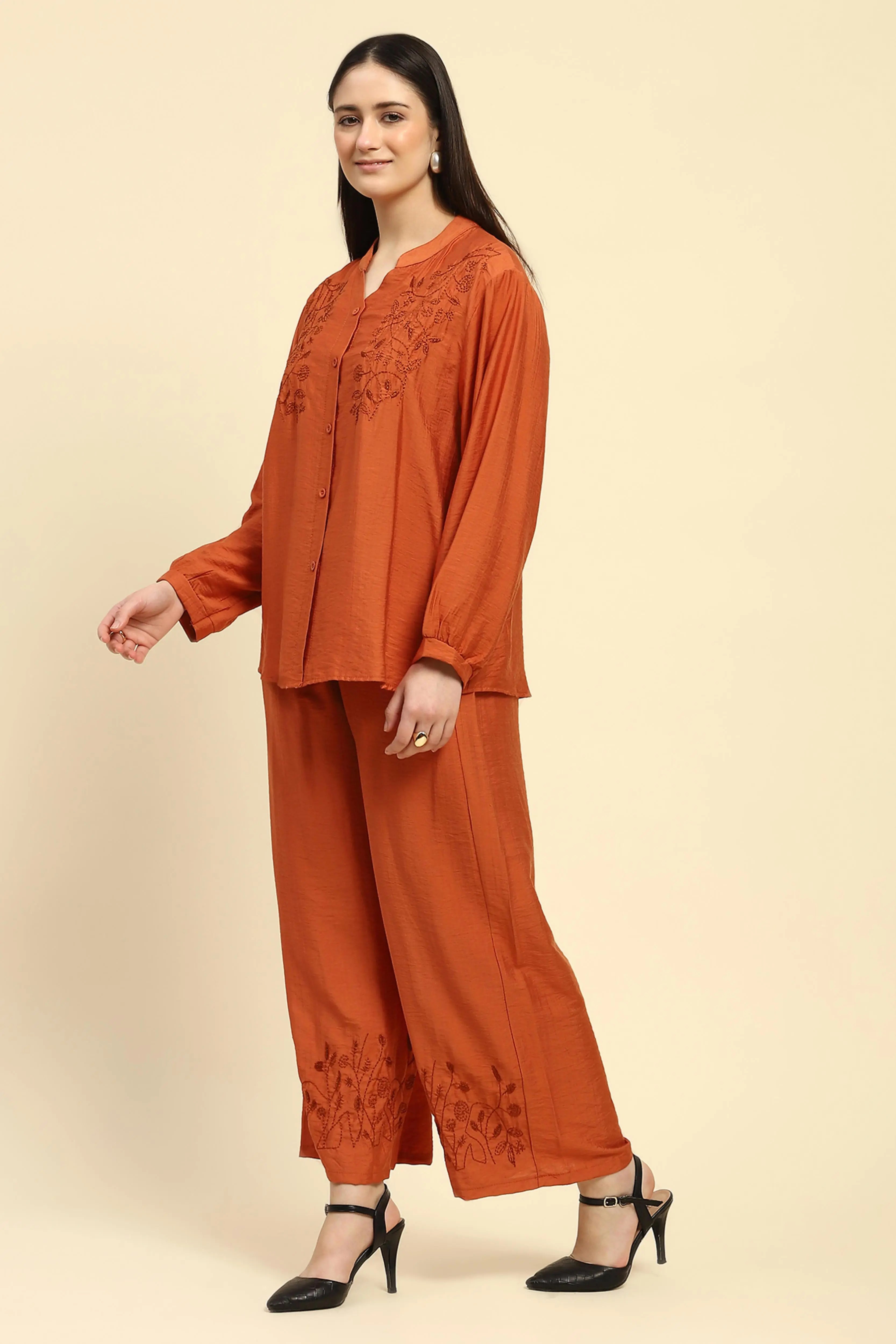Rust Embroidered Rayon Nightsuit - Global Republic