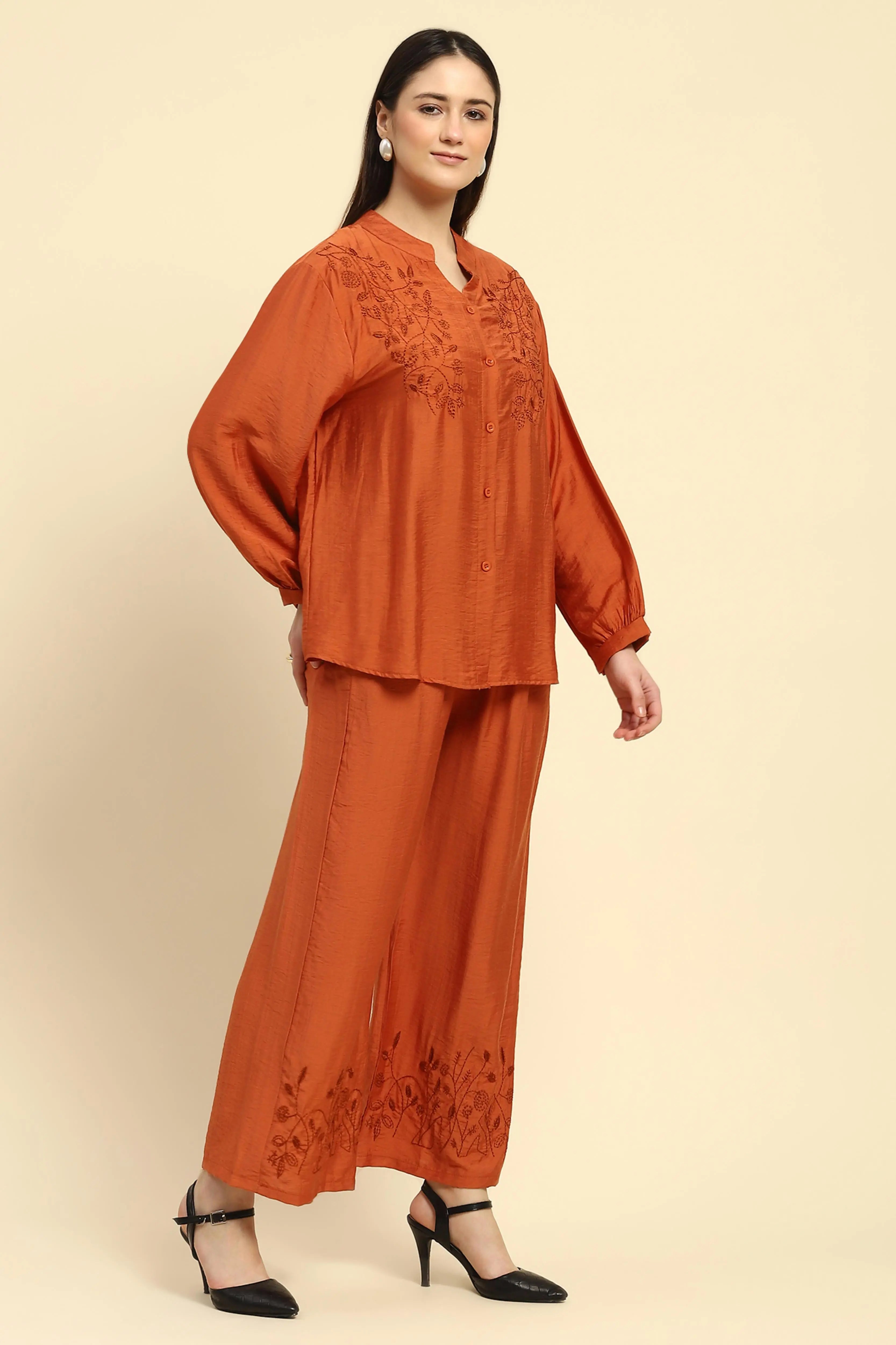 Rust Embroidered Rayon Nightsuit - Global Republic