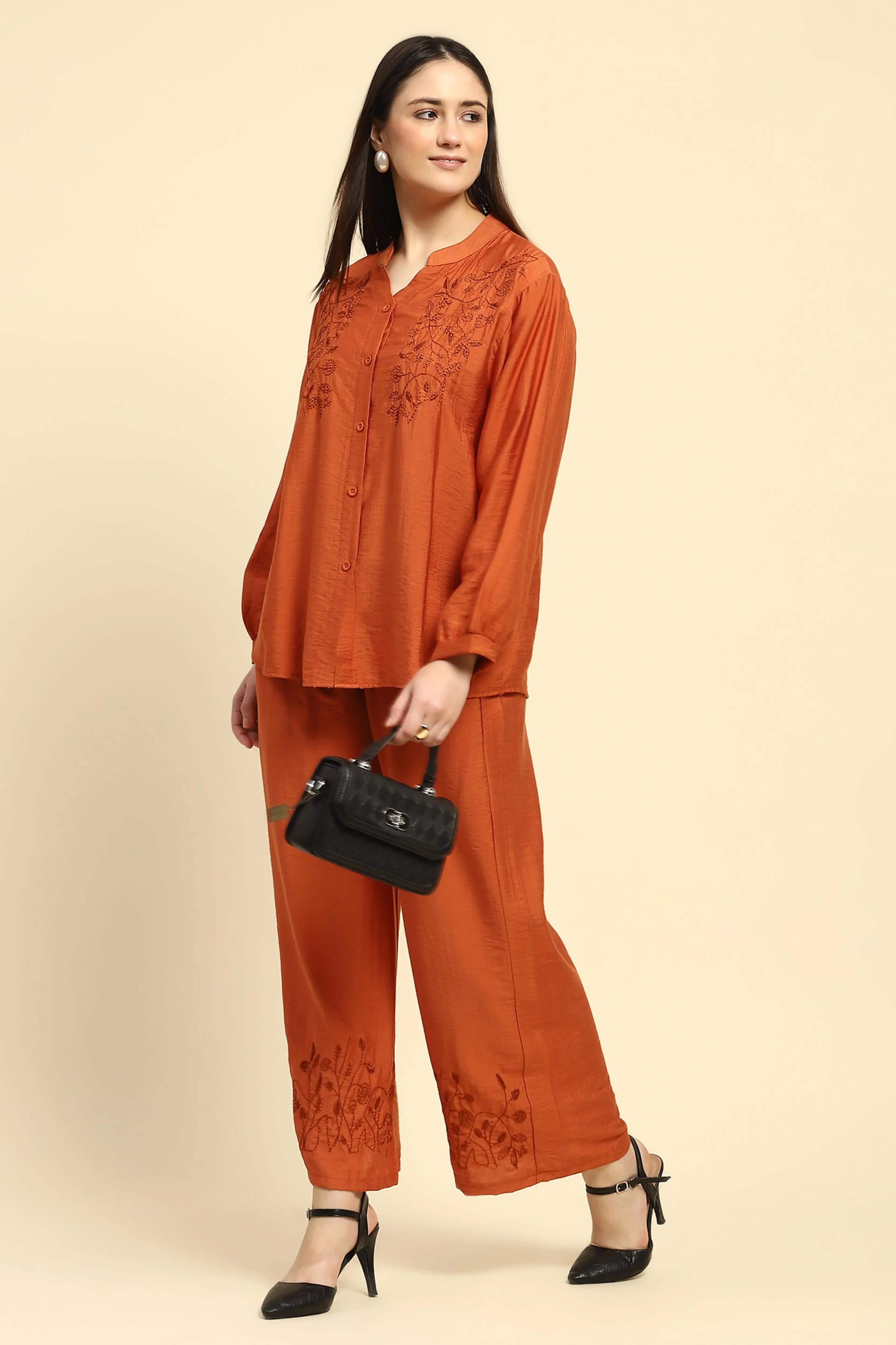 Rust Embroidered Rayon Nightsuit - Global Republic