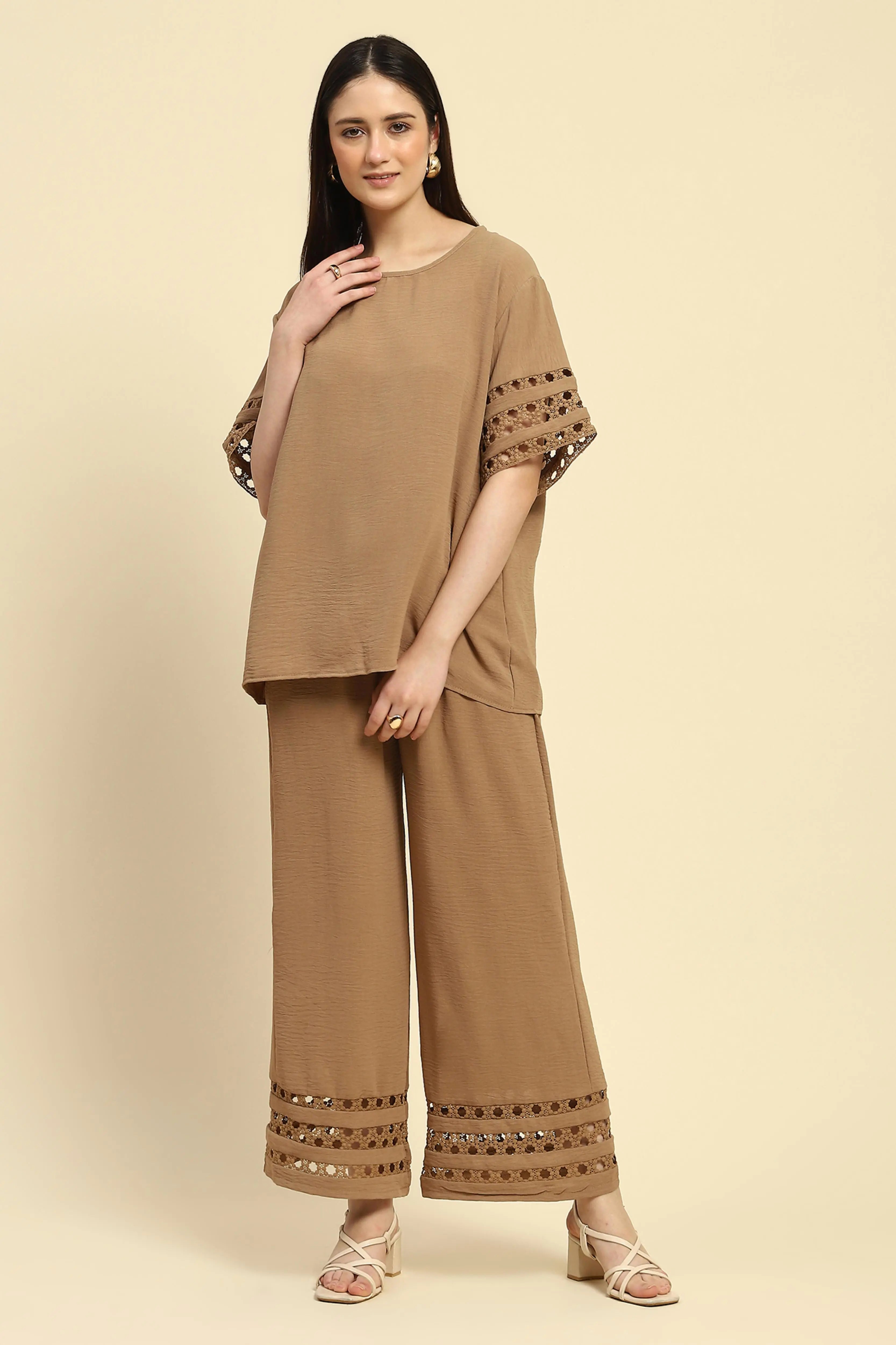Beige Solid Lace Loose Nightsuit - Global Republic