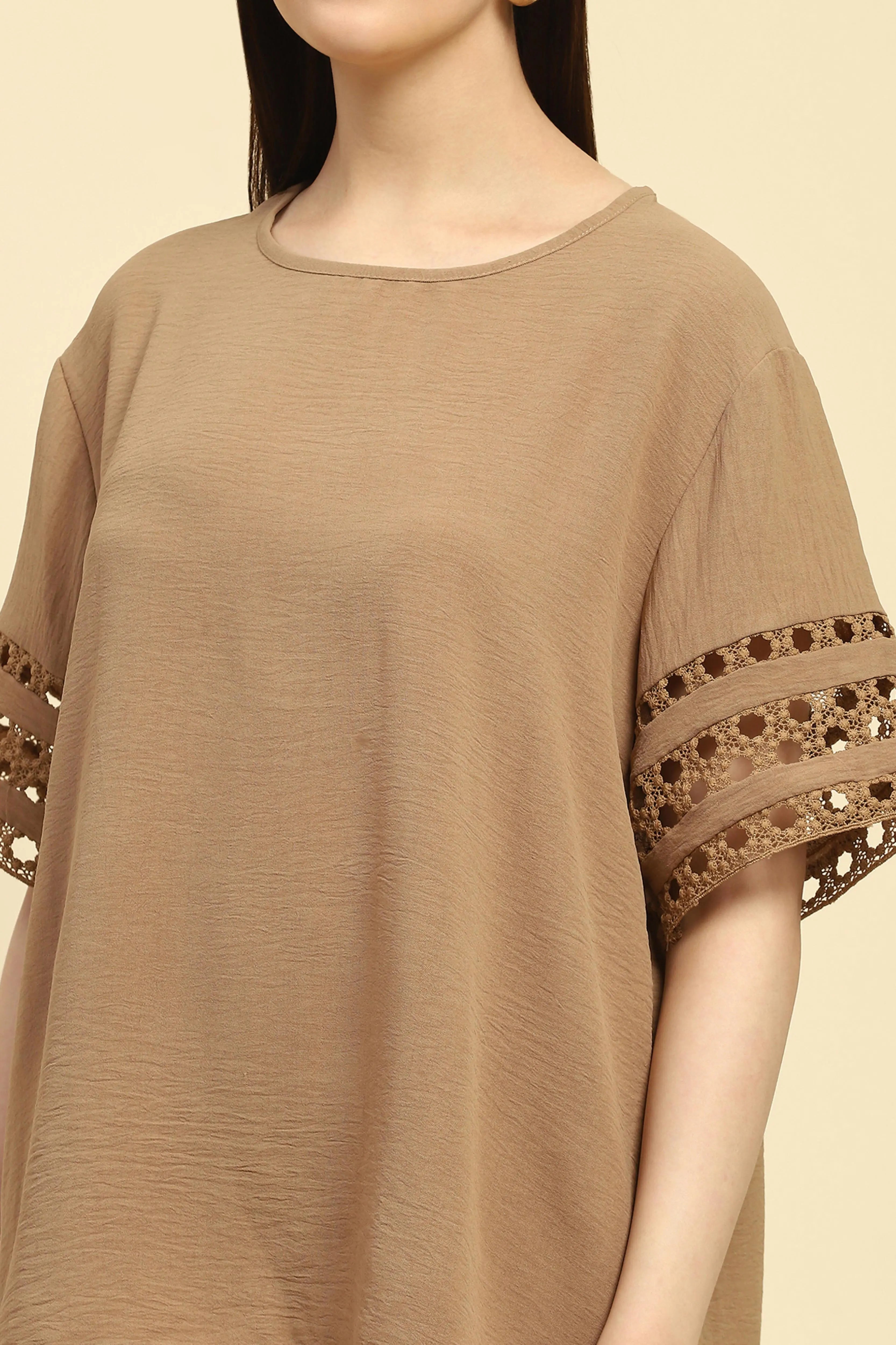 Beige Solid Lace Loose Nightsuit - Global Republic