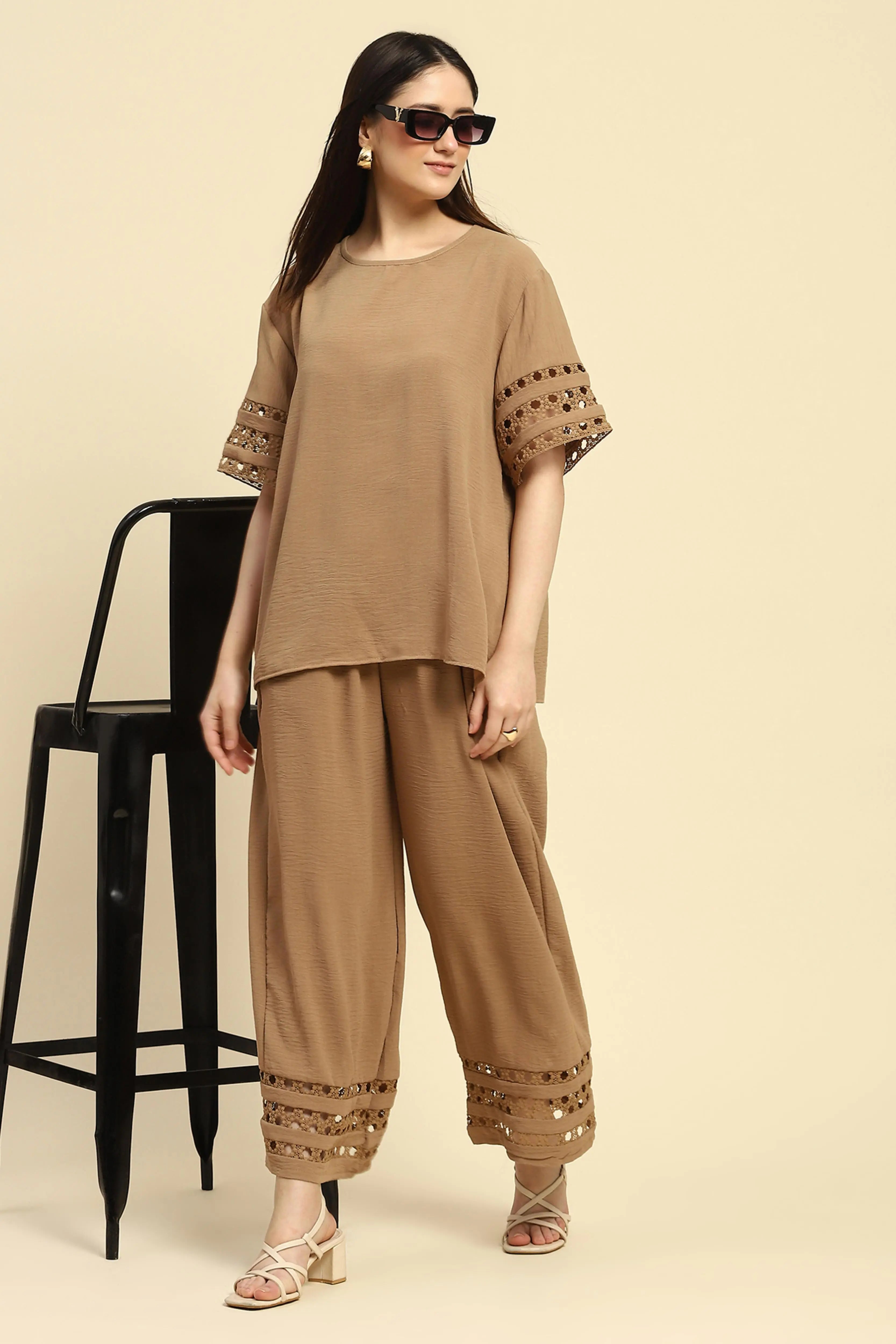 Beige Solid Lace Loose Nightsuit - Global Republic